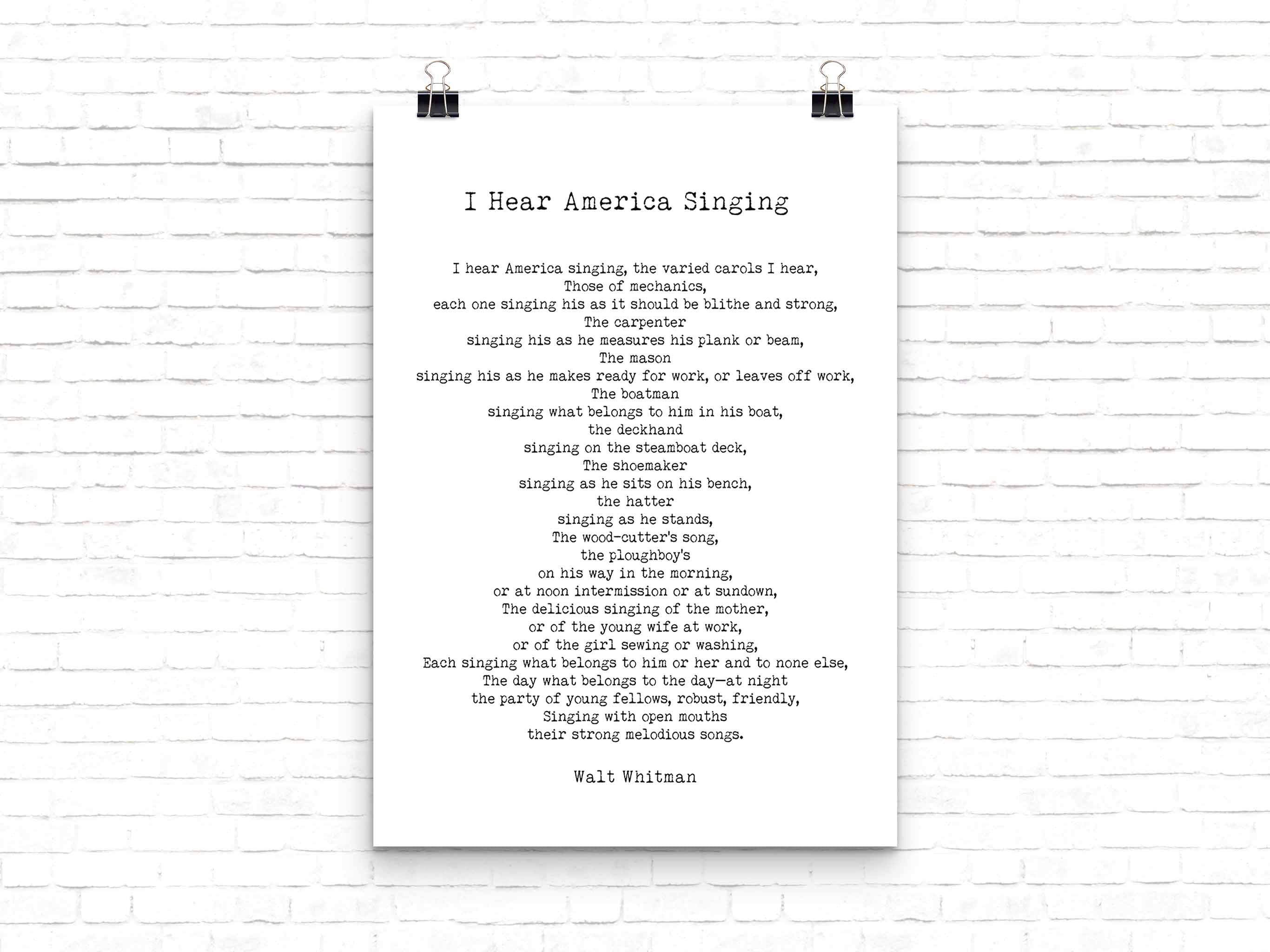 I Hear America Singing Poem, Walt Whitman Wall Art Print