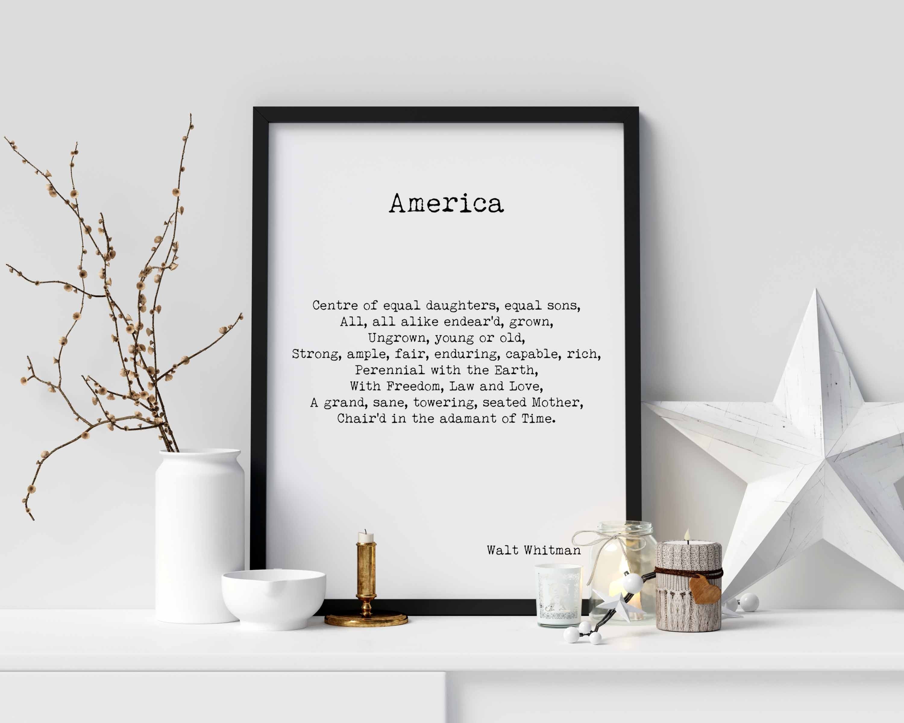Walt Whitman America Poem Wall Art Print, Unframed Inspirational Poetry Poster in Black & White for Wall Decor