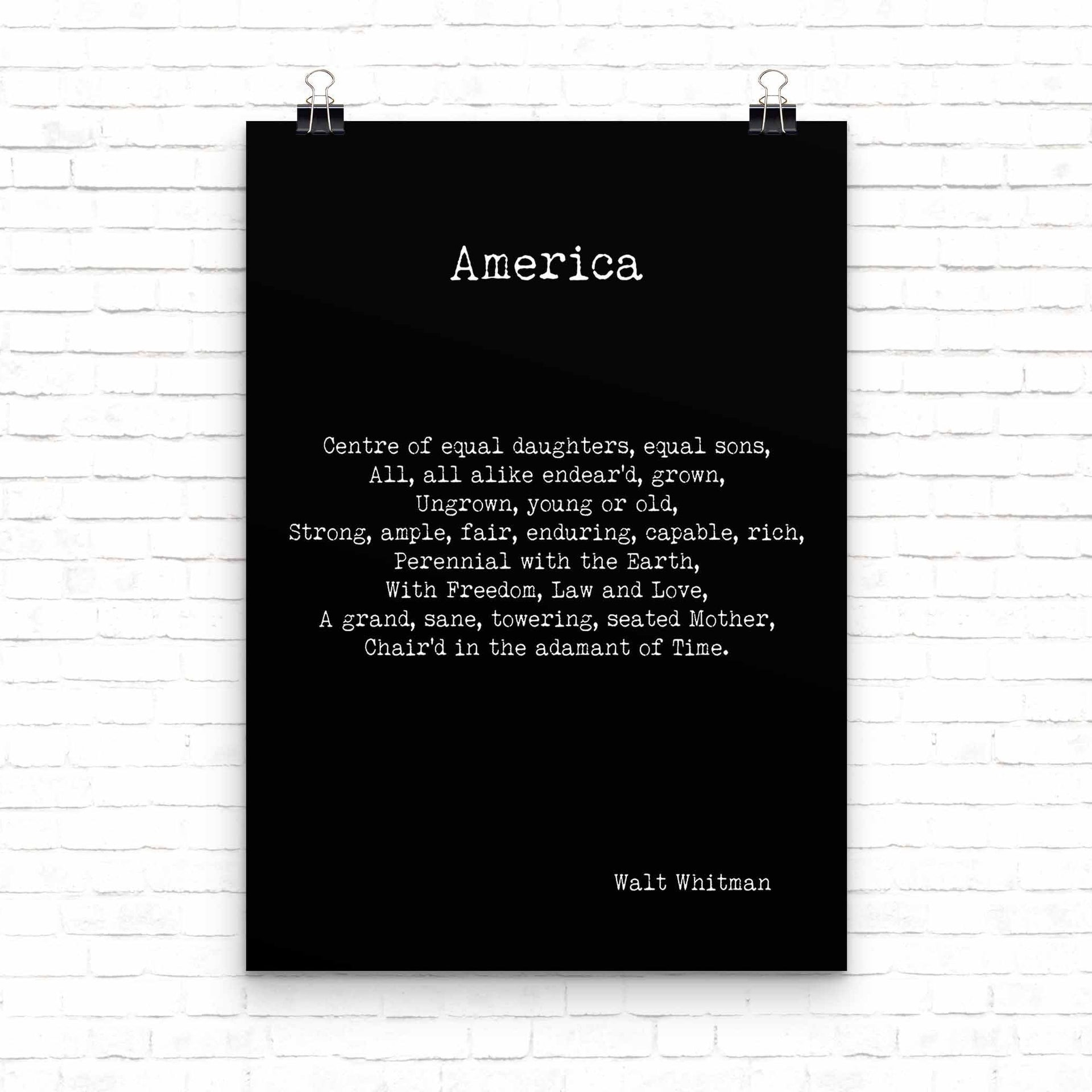 Walt Whitman America Poem Wall Art Print, Unframed Inspirational Poetry Poster in Black & White for Wall Decor