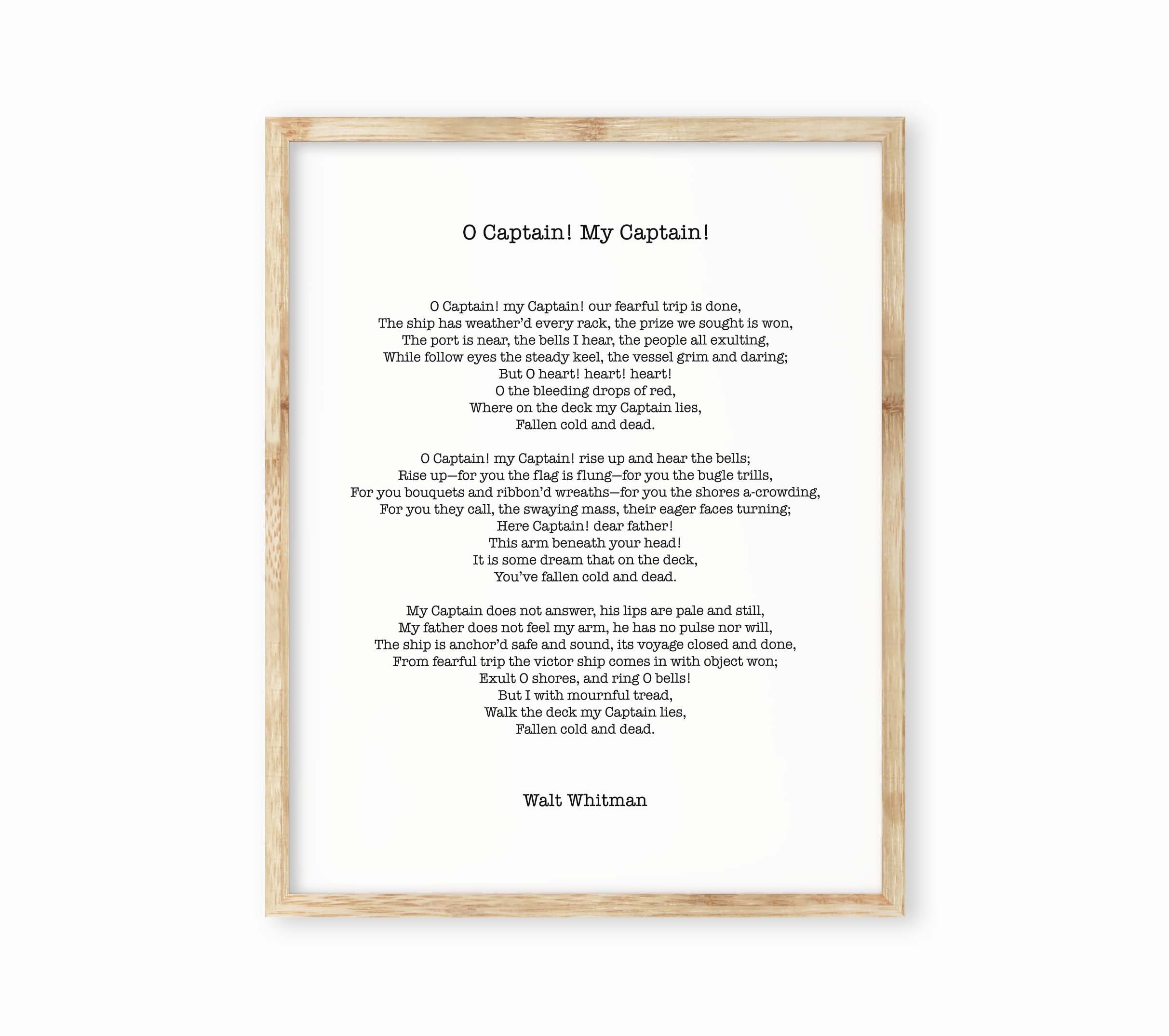 Walt Whitman O Captain Wall Art Print, Leaves Of Grass Literary Quote Print Unframed or Framed Art