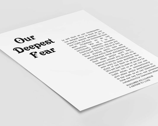 Our Deepest Fear Quote Print, Marianne Williamson Unframed Wall Art Prints in Black & White Inspirational Gifts