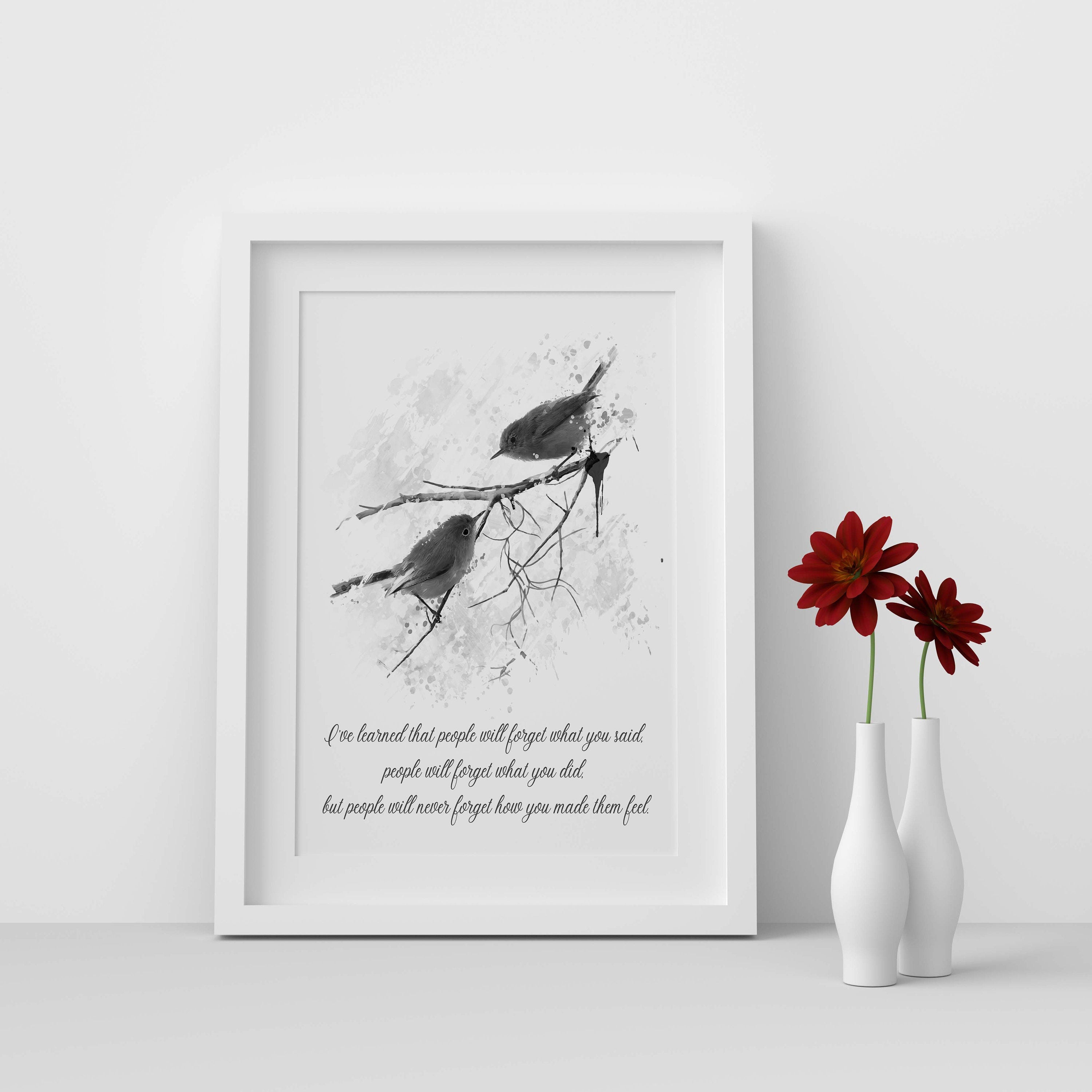 Inspirational Bird Quote Wall Art Maya Angelou Feelings Print Watercolor Bluebirds Gift for Teacher Empathy Print Black White Decor