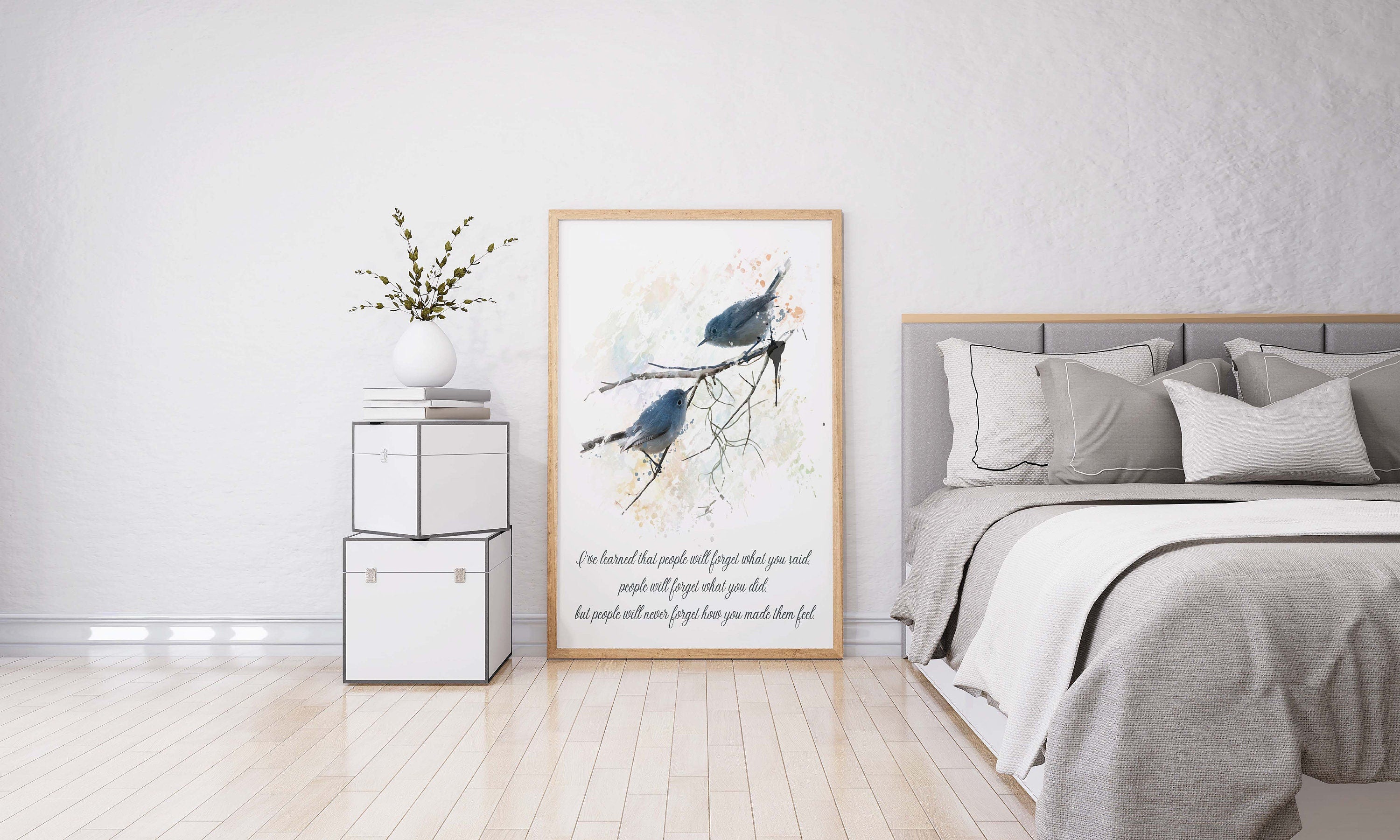 Inspirational Bird Quote Wall Art Maya Angelou Feelings Print Watercolor Bluebirds Gift for Teacher Empathy Print Black White Decor