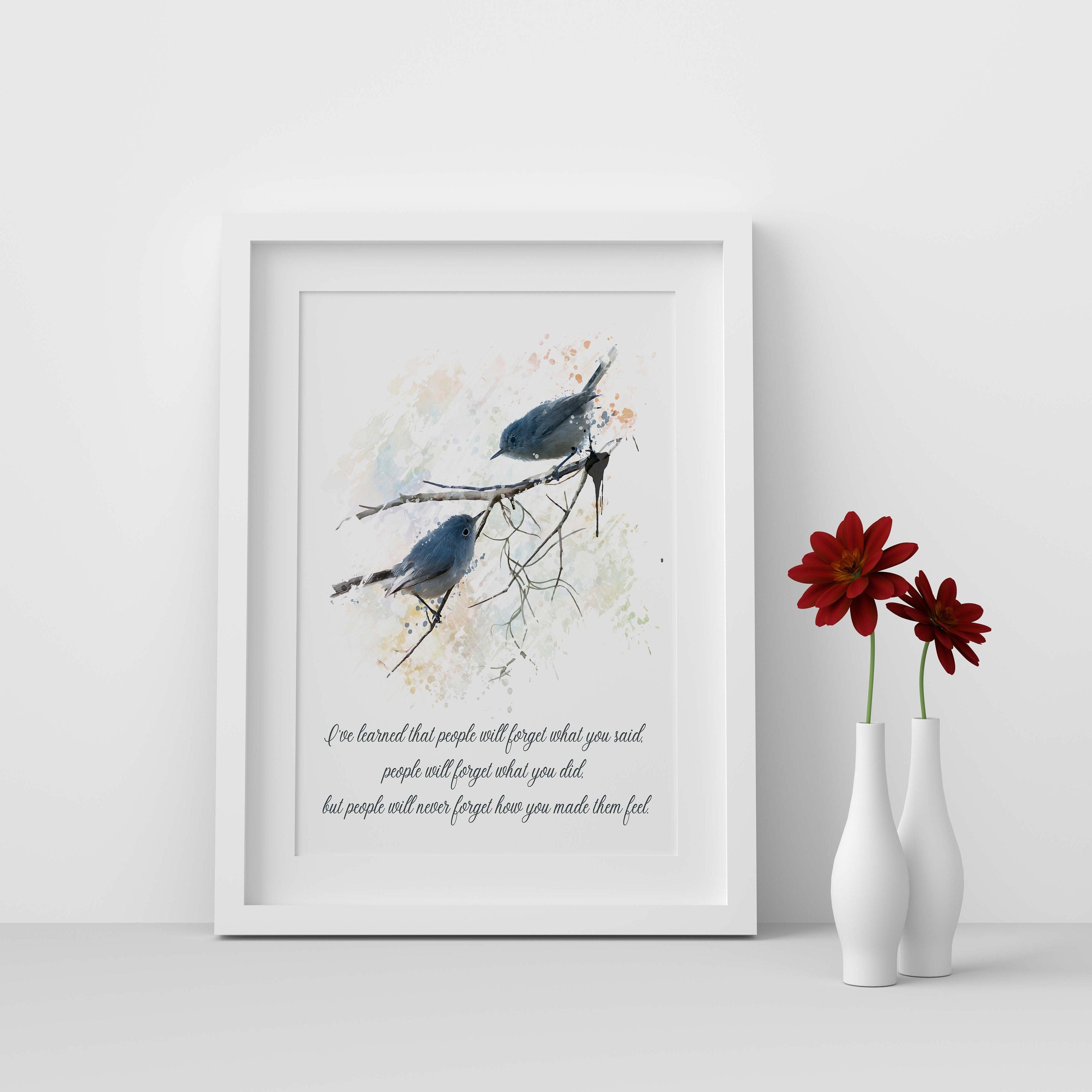 Inspirational Bird Quote Wall Art Maya Angelou Feelings Print Watercolor Bluebirds Gift for Teacher Empathy Print Black White Decor