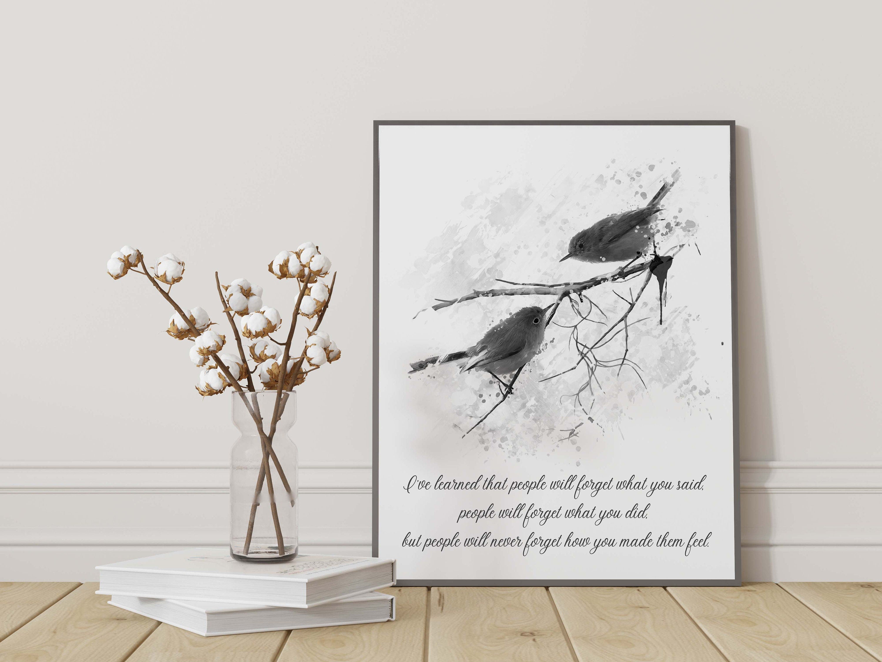 Inspirational Bird Quote Wall Art Maya Angelou Feelings Print Watercolor Bluebirds Gift for Teacher Empathy Print Black White Decor