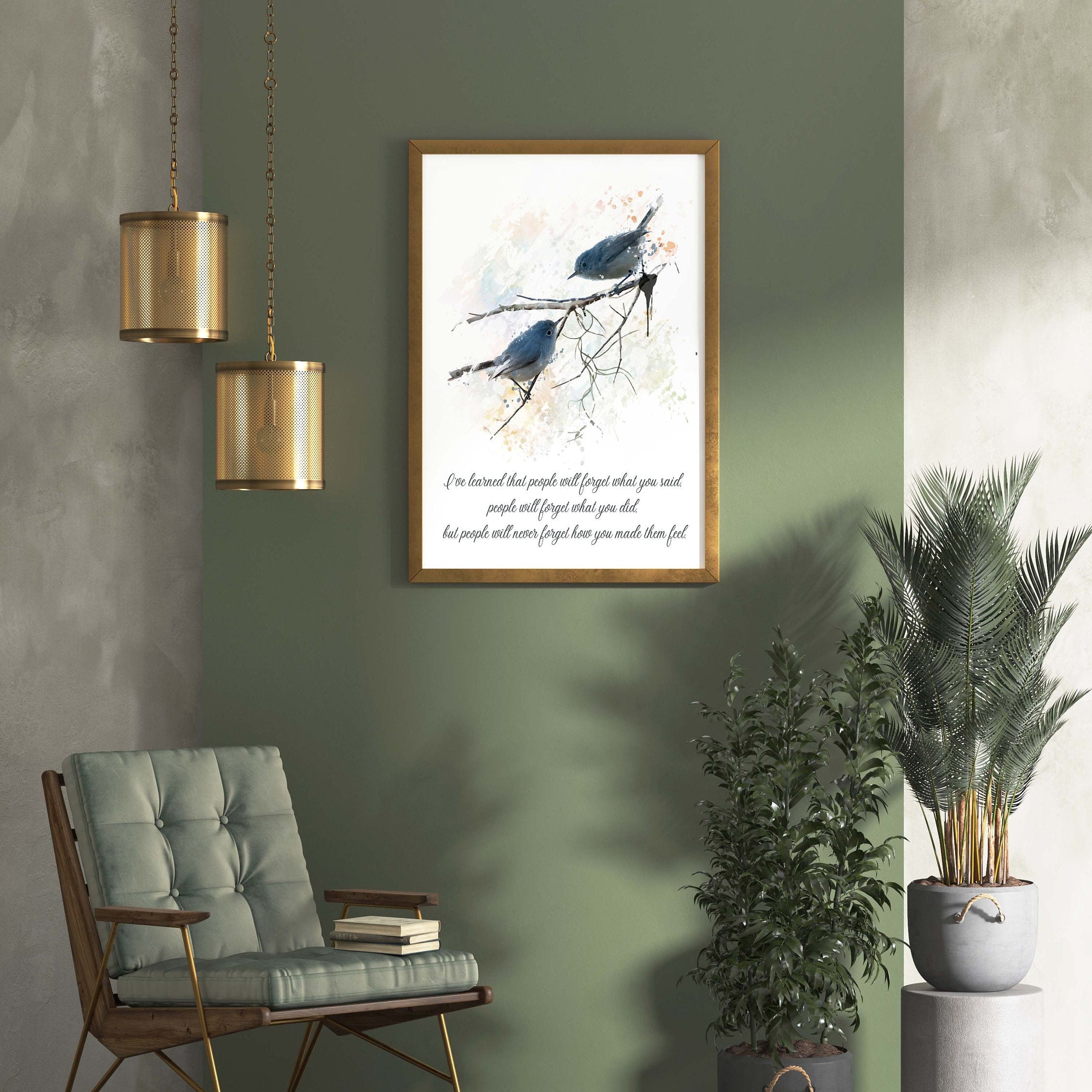 Inspirational Bird Quote Wall Art Maya Angelou Feelings Print Watercolor Bluebirds Gift for Teacher Empathy Print Black White Decor