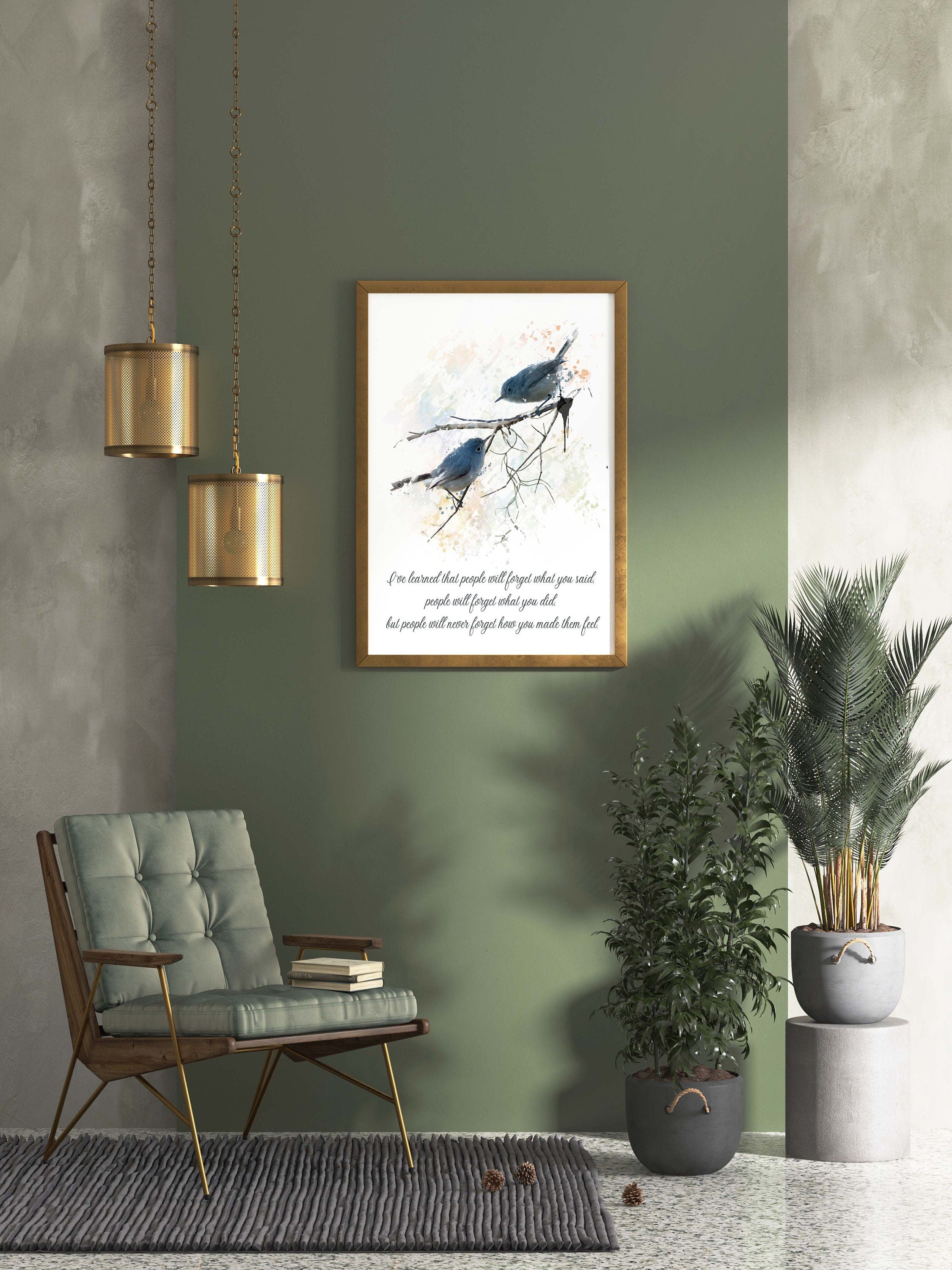 Inspirational Bird Quote Wall Art Maya Angelou Feelings Print Watercolor Bluebirds Gift for Teacher Empathy Print Black White Decor