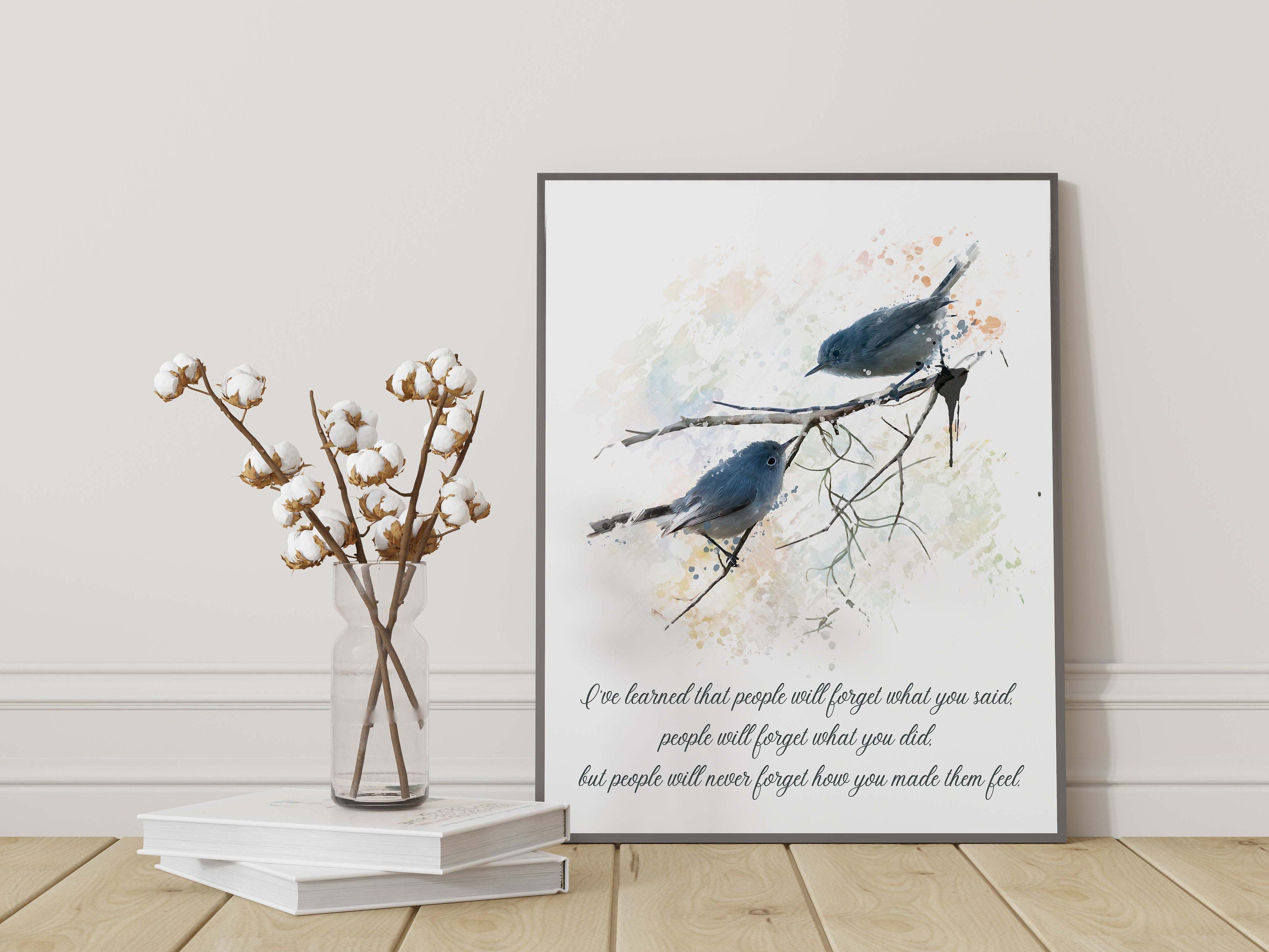 Inspirational Bird Quote Wall Art Maya Angelou Feelings Print Watercolor Bluebirds Gift for Teacher Empathy Print Black White Decor