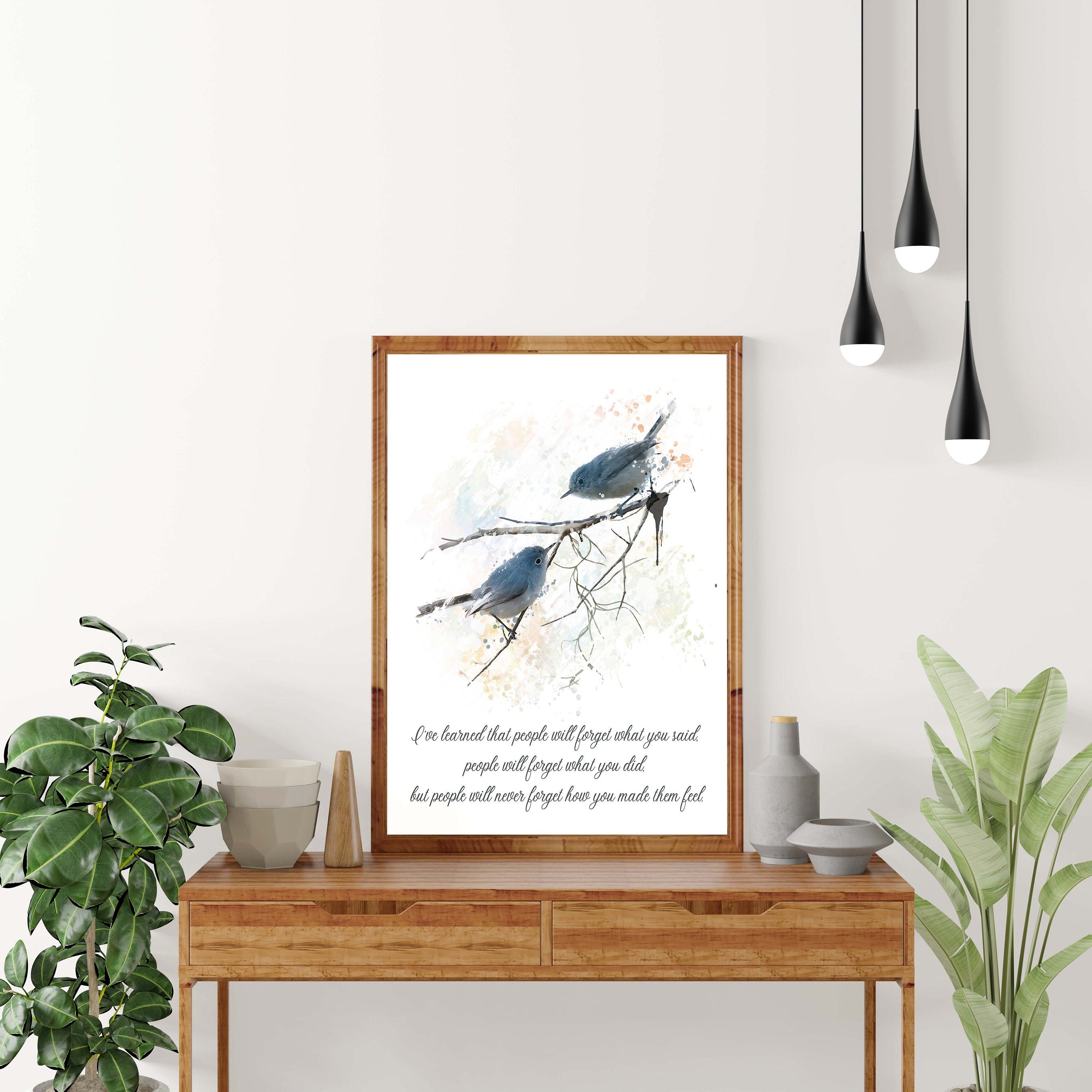 Inspirational Bird Quote Wall Art Maya Angelou Feelings Print Watercolor Bluebirds Gift for Teacher Empathy Print Black White Decor