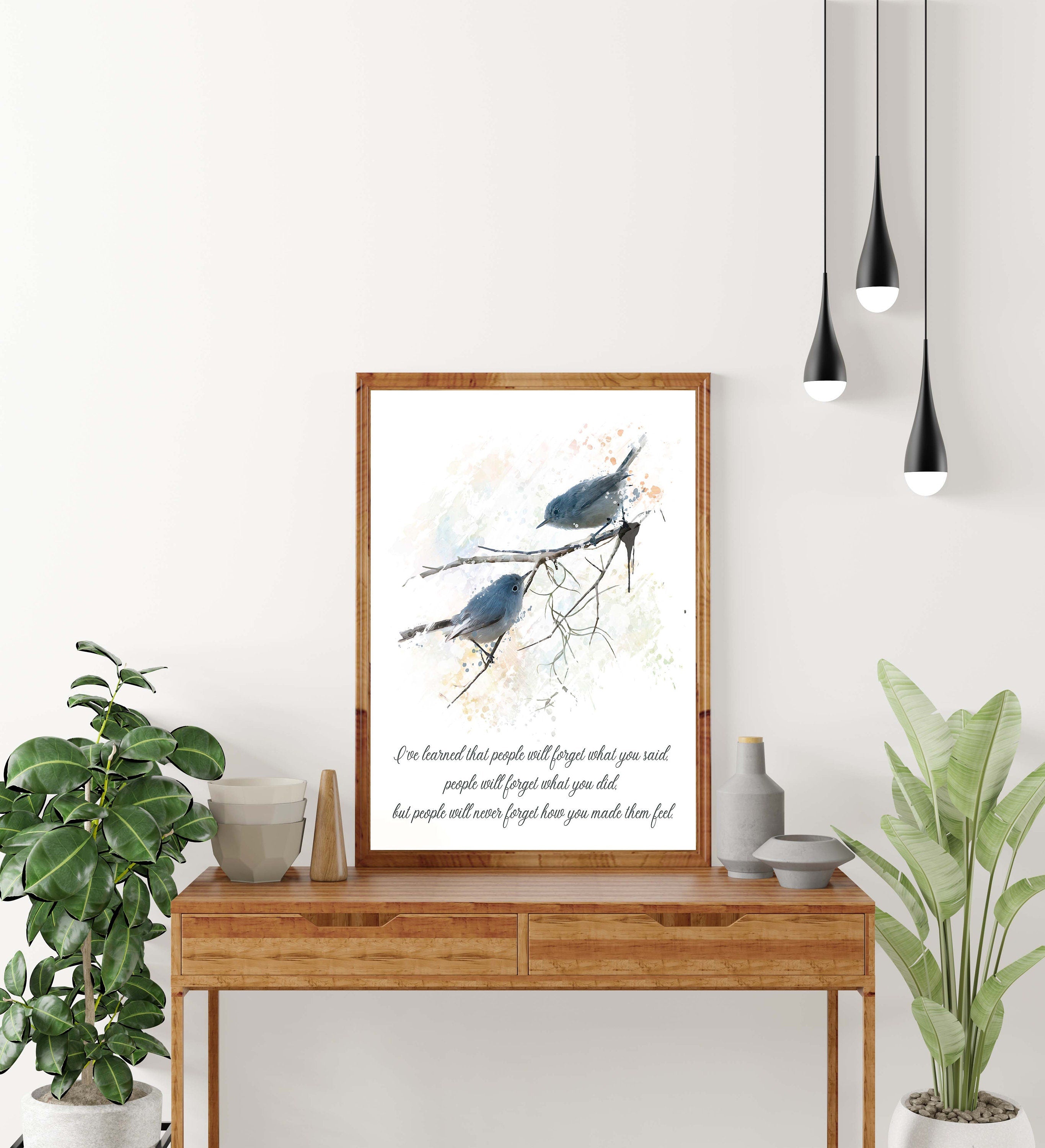 Inspirational Bird Quote Wall Art Maya Angelou Feelings Print Watercolor Bluebirds Gift for Teacher Empathy Print Black White Decor