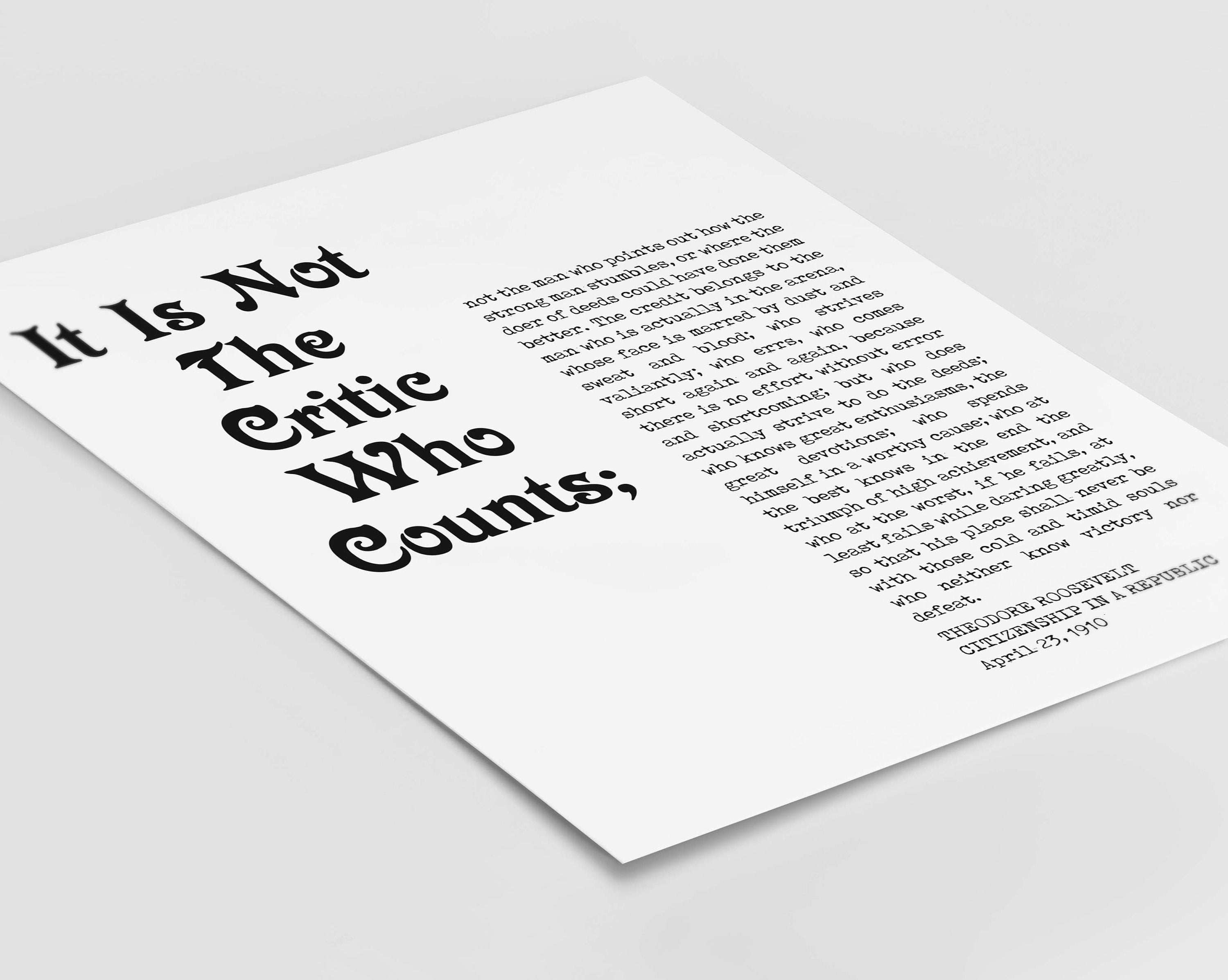 Daring Greatly Man In The Arena Theodore Roosevelt Office Wall Decor, Inspirational Quotes Unframed Wall Art In Black And White