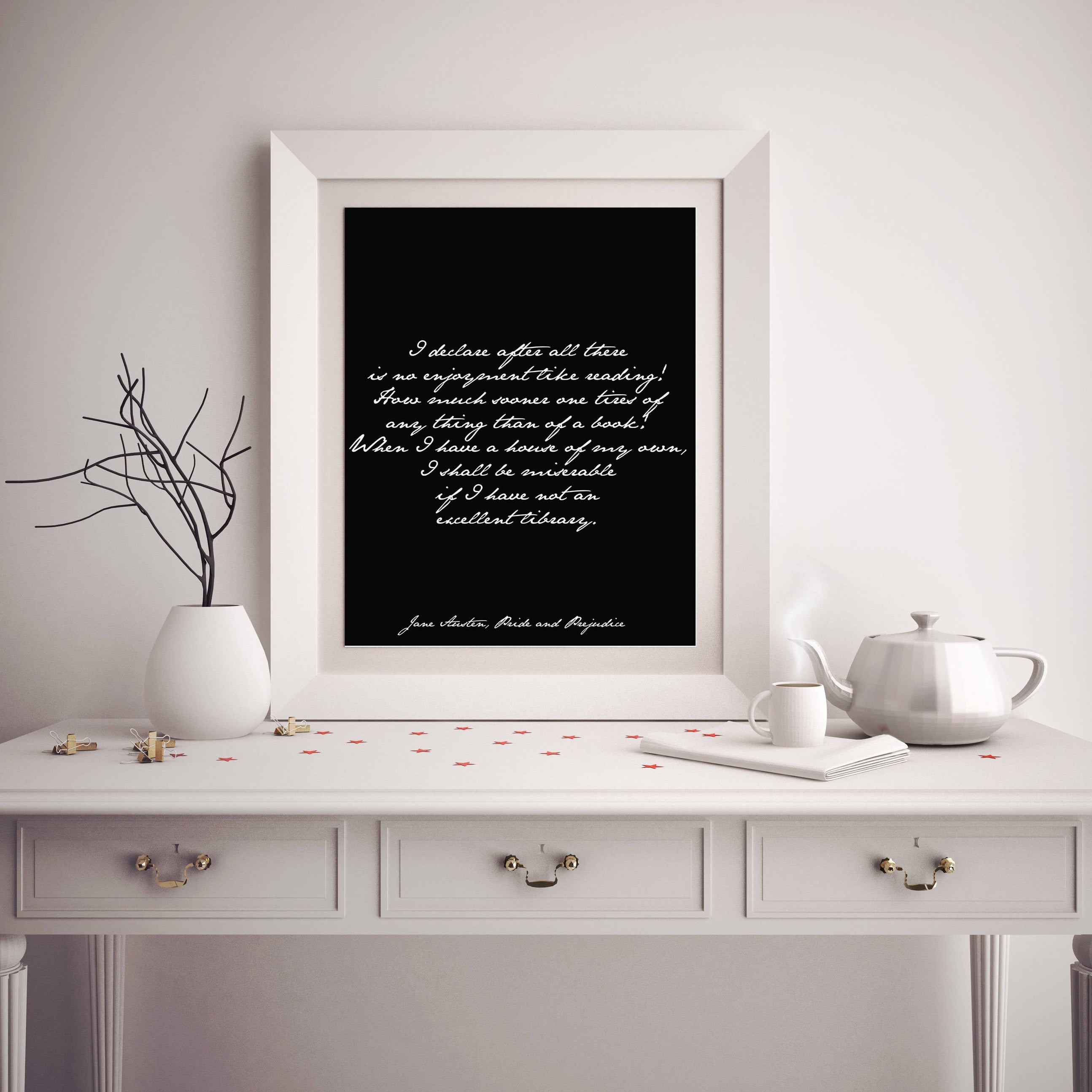 Jane Austen Library Quote Print Pride And Prejudice Book Lover Wall Art Calligraphy Style Black White Background Literary Decor Reading Gift