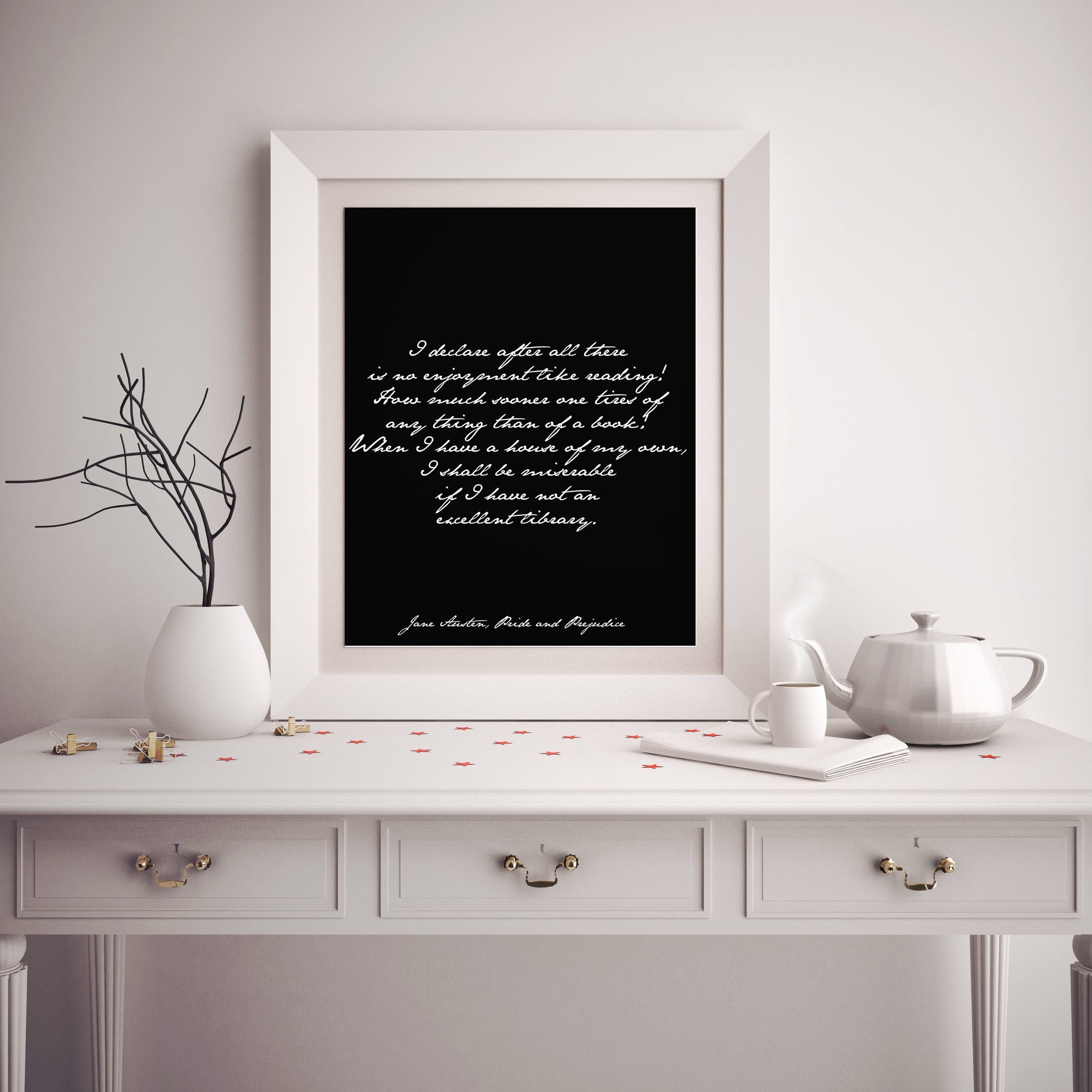 Jane Austen Library Quote Print Pride And Prejudice Book Lover Wall Art Calligraphy Style Black White Background Literary Decor Reading Gift
