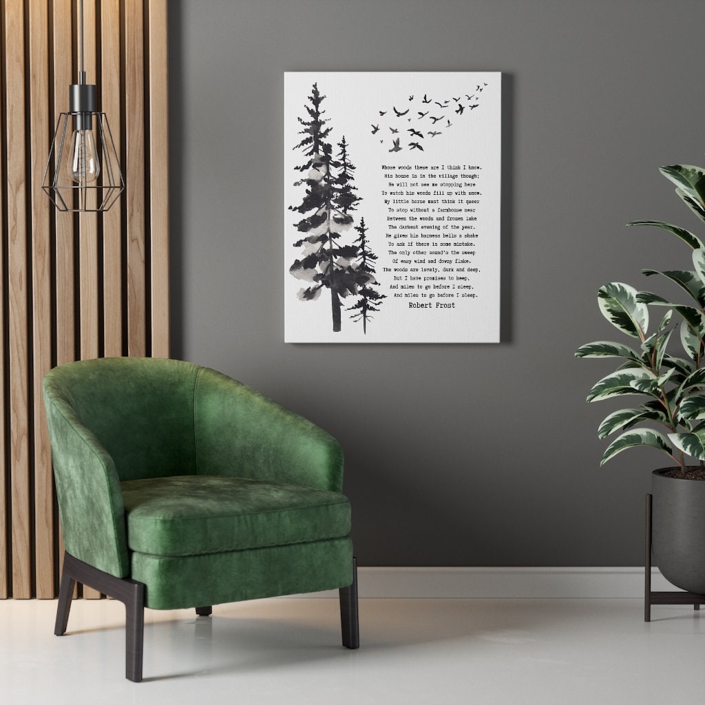 Stopping by the Woods on a Snowy Evening Robert Frost Canvas Print in Black & White for Living Room Wall Art
