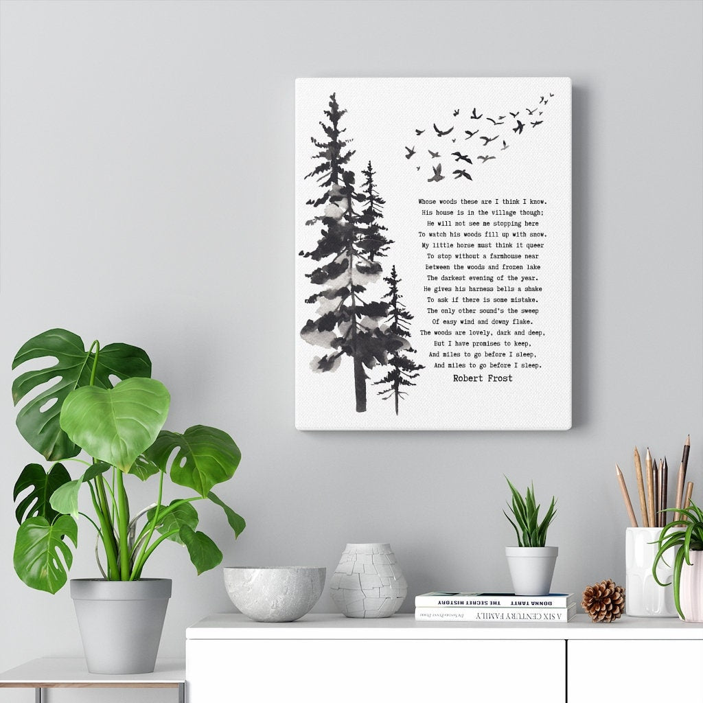 Stopping by the Woods on a Snowy Evening Robert Frost Canvas Print in Black & White for Living Room Wall Art