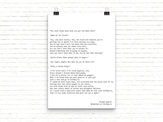 Breakfast At Tiffanys The Mean Reds Quote Print Audrey Hepburn Art, Truman Capote