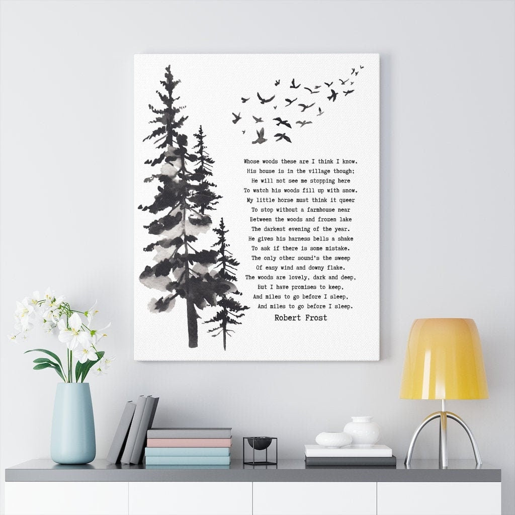 Stopping by the Woods on a Snowy Evening Robert Frost Canvas Print in Black & White for Living Room Wall Art