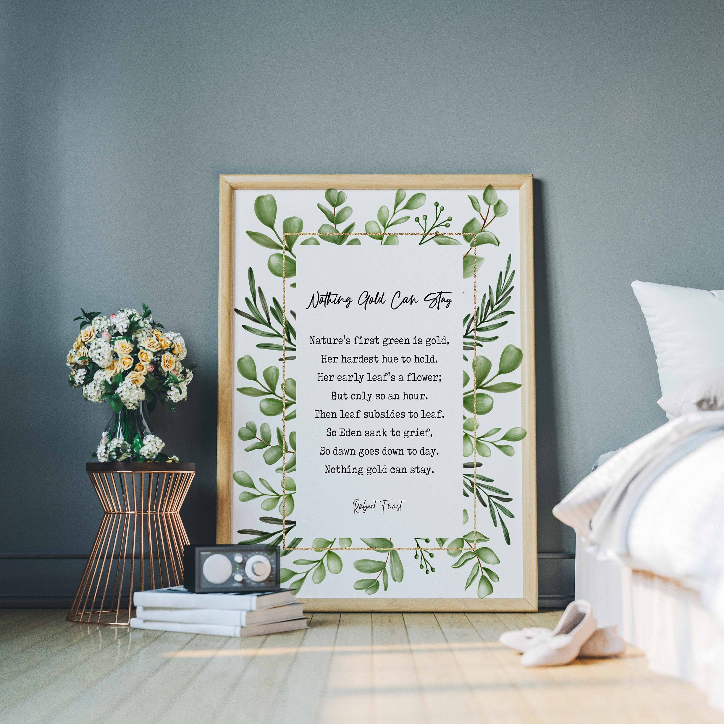Nothing Gold Can Stay Robert Frost Wall Art Print Nature Watercolor Leaves Art for Living Room Wall Art, Unframed