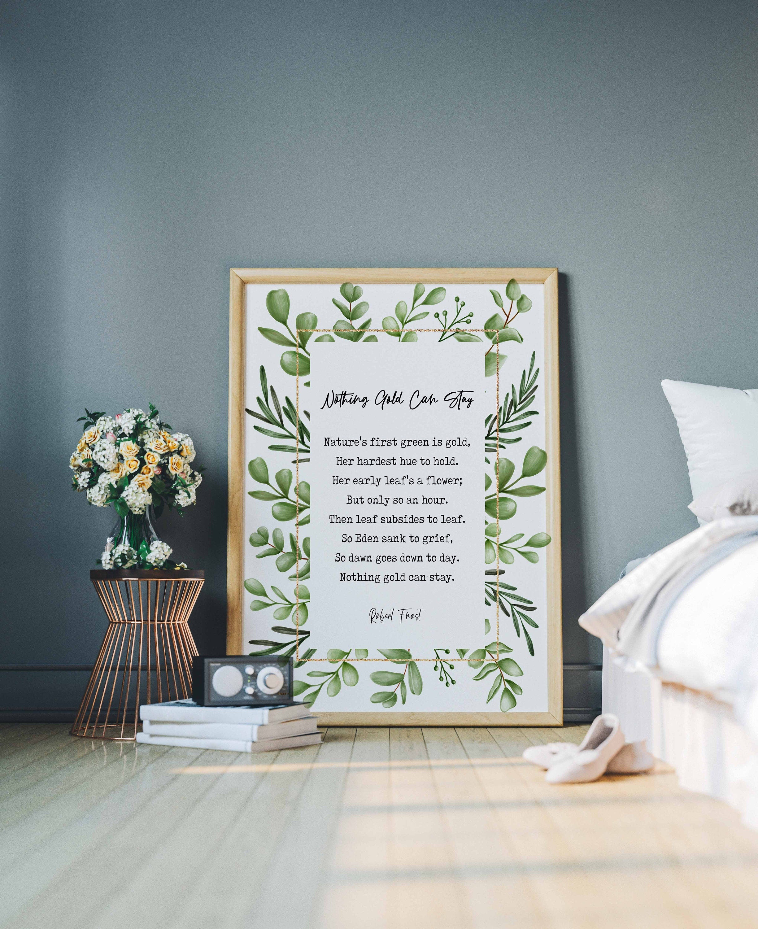 Nothing Gold Can Stay Robert Frost Wall Art Print Nature Watercolor Leaves Art for Living Room Wall Art, Unframed