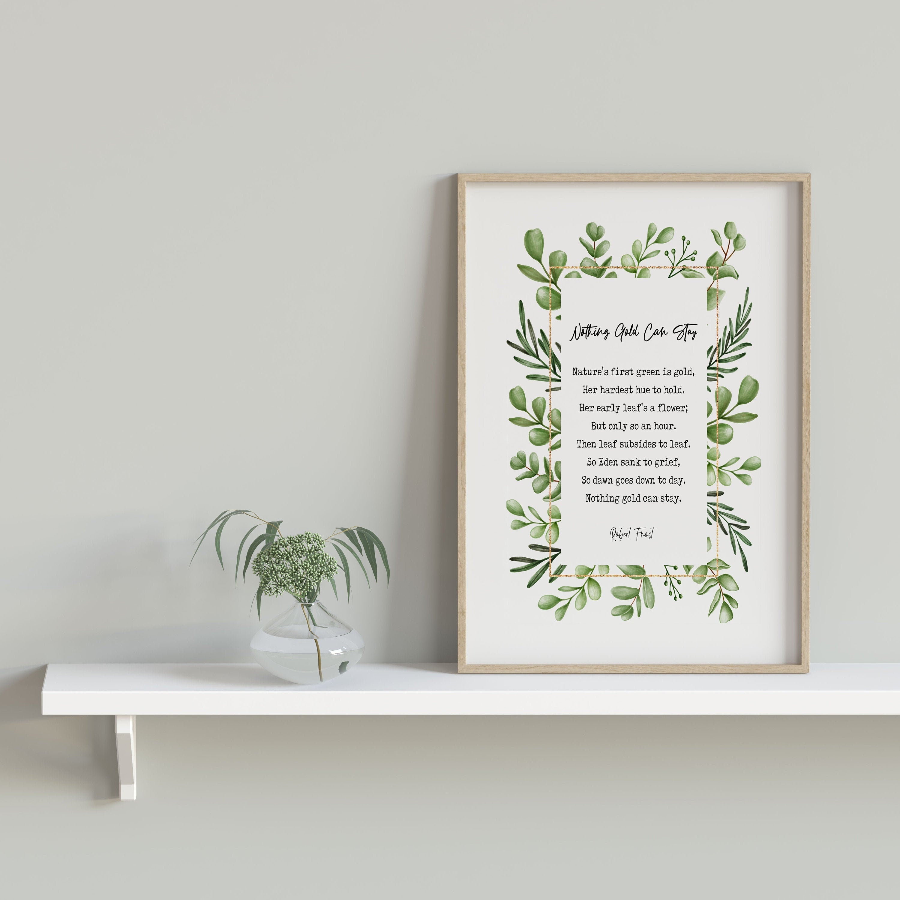 Nothing Gold Can Stay Robert Frost Wall Art Print Nature Watercolor Leaves Art for Living Room Wall Art, Unframed