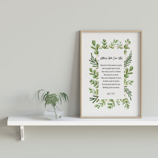 Nothing Gold Can Stay Robert Frost Wall Art Print Nature Watercolor Leaves Art for Living Room Wall Art, Unframed