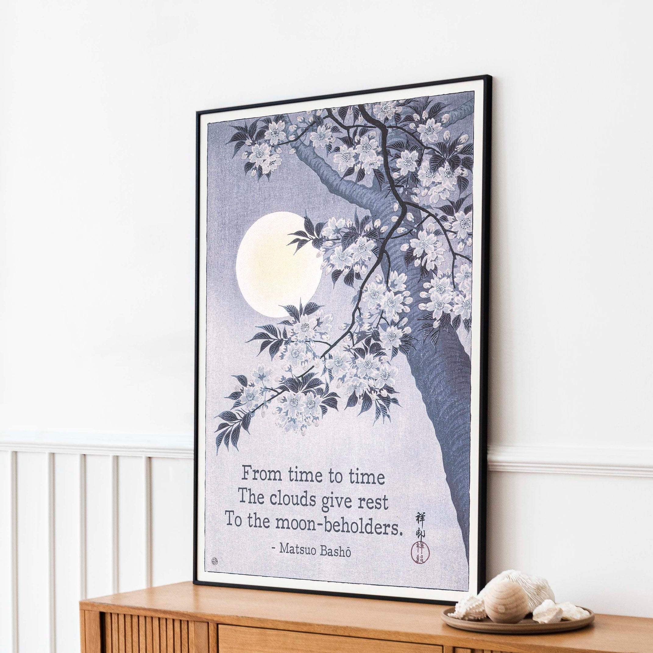 Matsuo Basho Haiku Poem Print, Japanese Unframed Fine Art Print Painting - Blossoming Cherry on a Moonlit Night