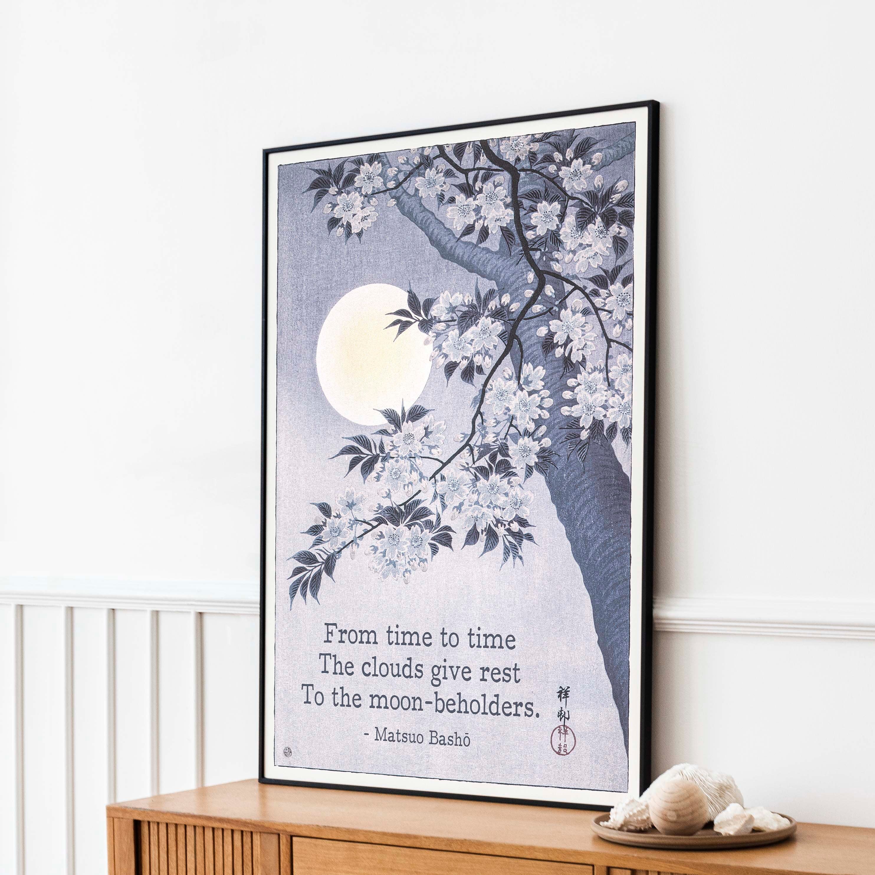 Matsuo Basho Haiku Poem Print, Japanese Unframed Fine Art Print Painting - Blossoming Cherry on a Moonlit Night