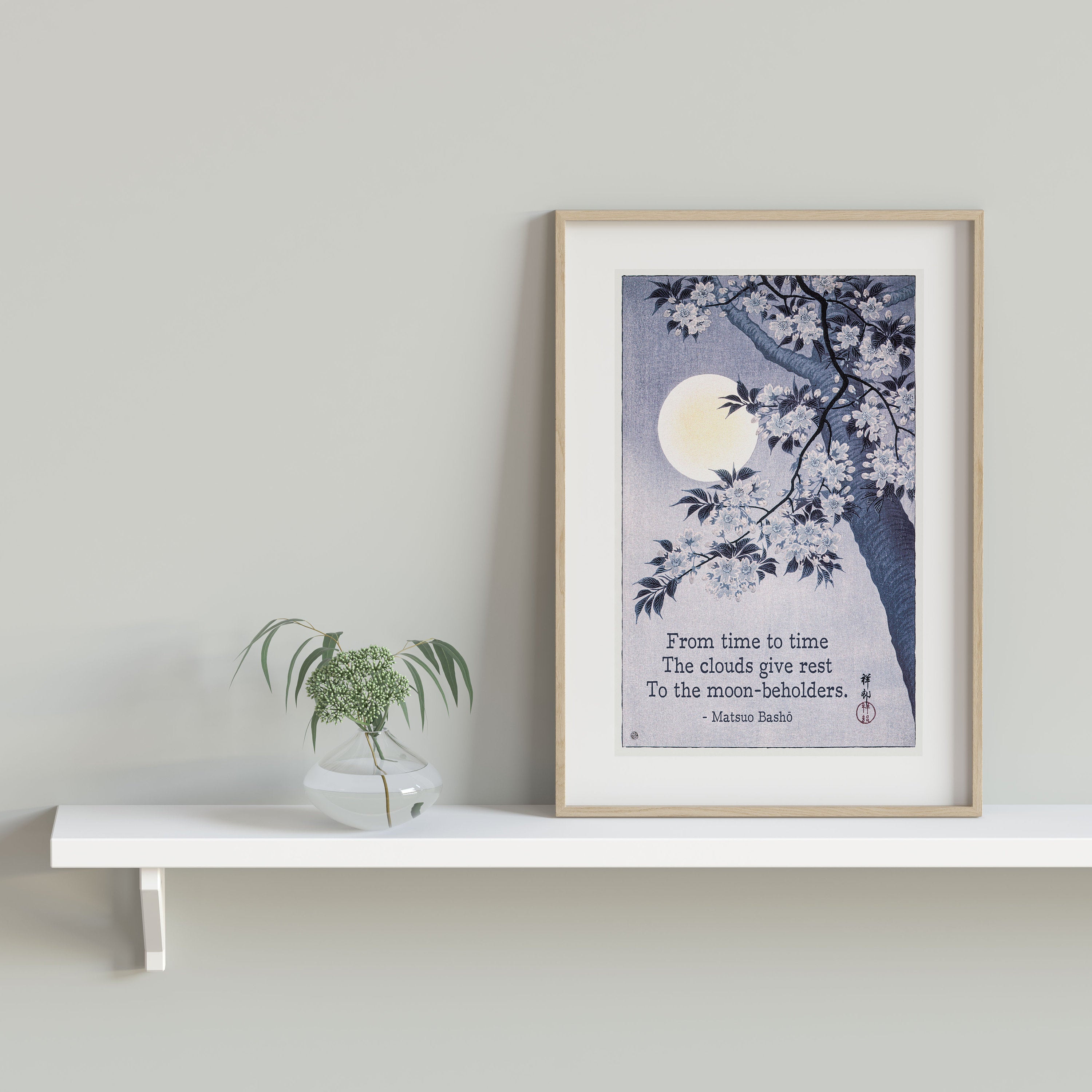 Matsuo Basho Haiku Poem Print, Japanese Unframed Fine Art Print Painting - Blossoming Cherry on a Moonlit Night