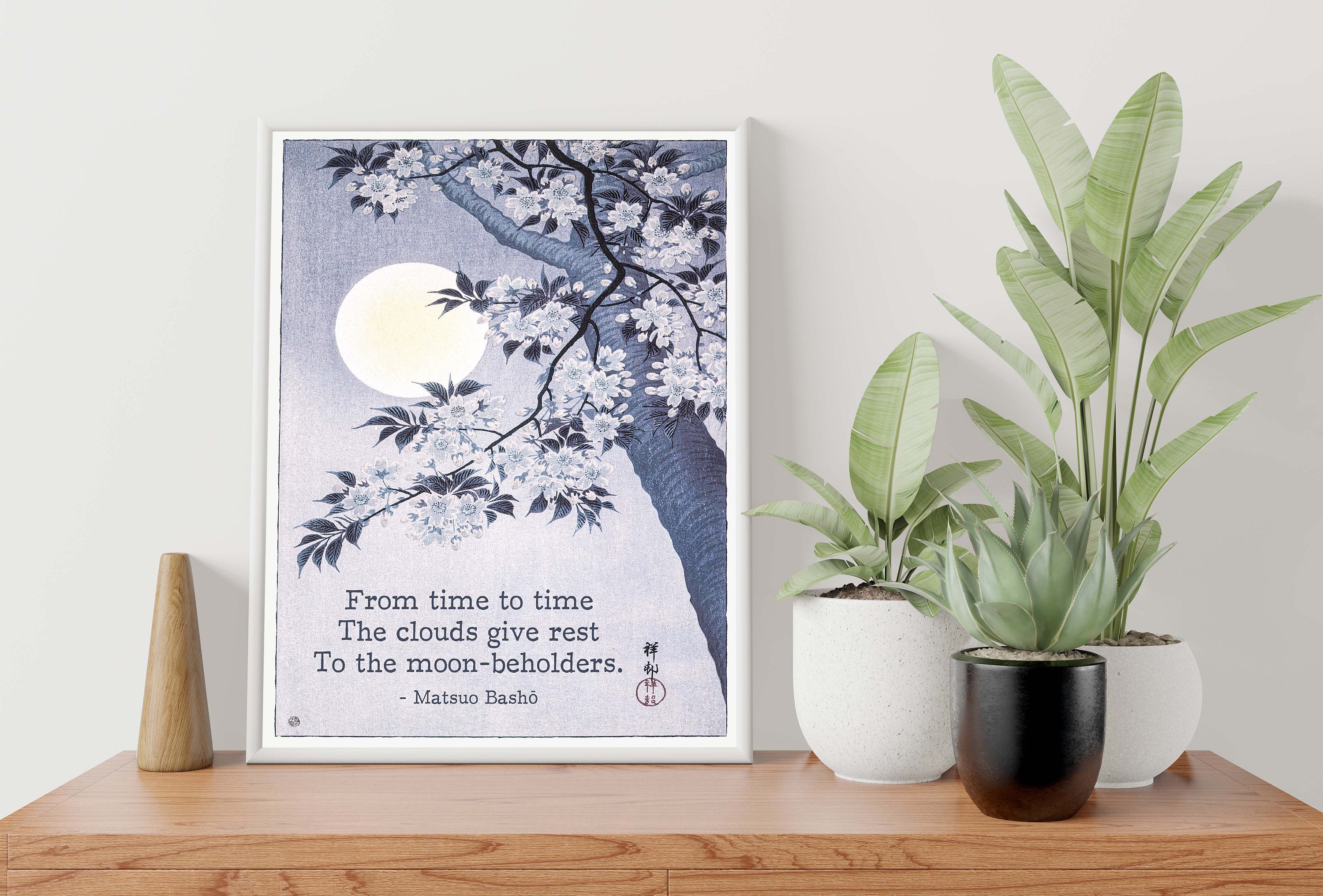 Matsuo Basho Haiku Poem Print, Japanese Unframed Fine Art Print Painting - Blossoming Cherry on a Moonlit Night