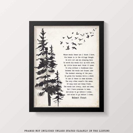 Framed Art Robert Frost Stopping by the Woods on a Snowy Evening Wall Art Print in Black & White for Home Wall Decor