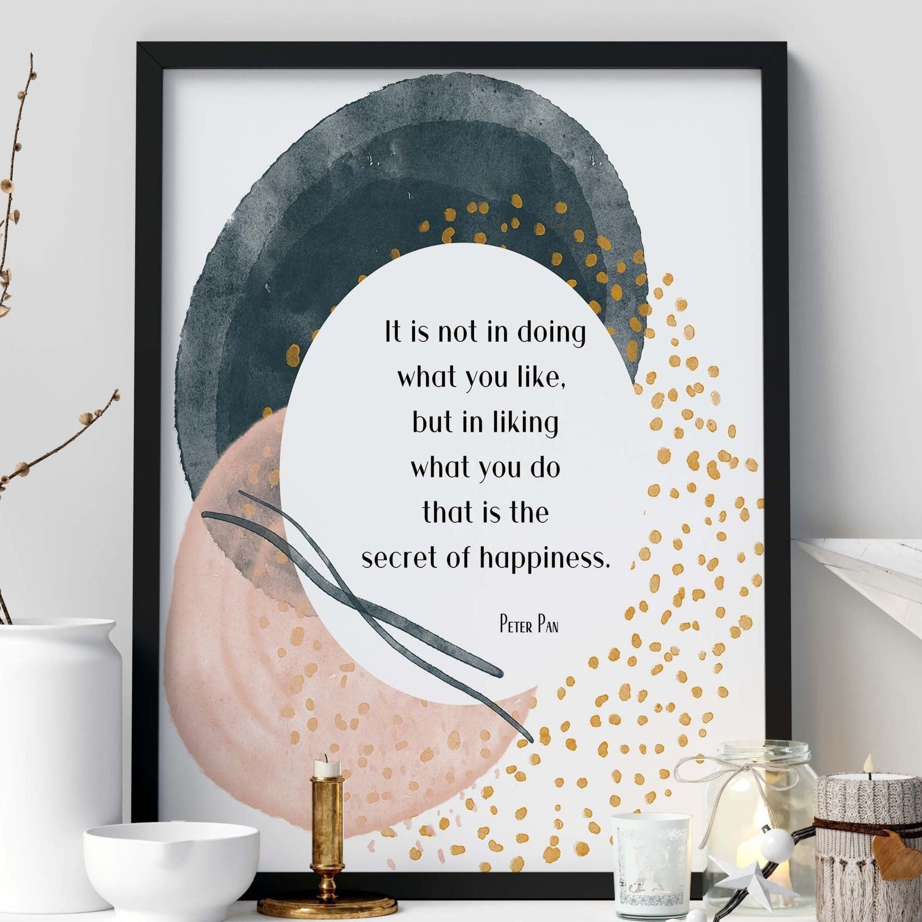 Peter Pan Quote Wall Art Secret of Happiness Abstract Watercolor Print Modern Whimsical Motivational Poster Digital or Framed Gift
