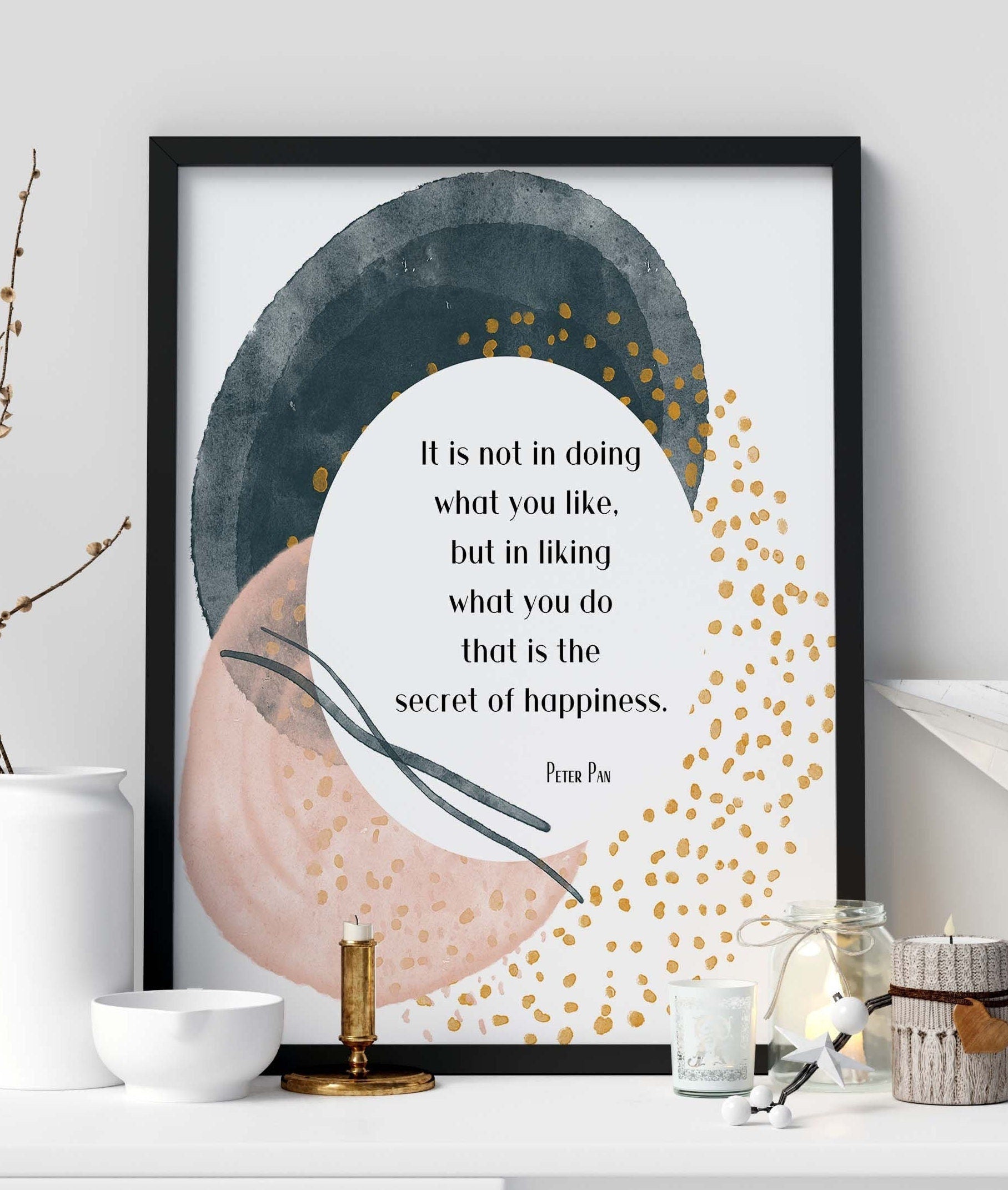 Peter Pan Quote Wall Art Secret of Happiness Abstract Watercolor Print Modern Whimsical Motivational Poster Digital or Framed Gift