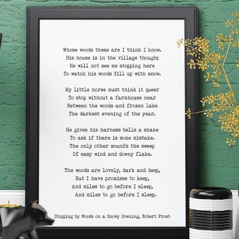 Stopping by Woods on a Snowy Evening Robert Frost Wall Art Print in Black & White for Living Room Wall Art FRAMED or UNFRAMED OPTIONS