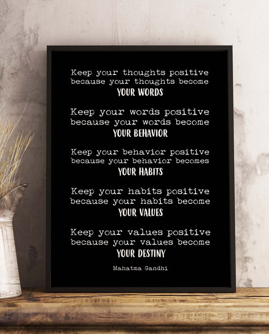 Framed Mahatma Gandhi Quote Print Keep Your Thoughts Positive Typography Art