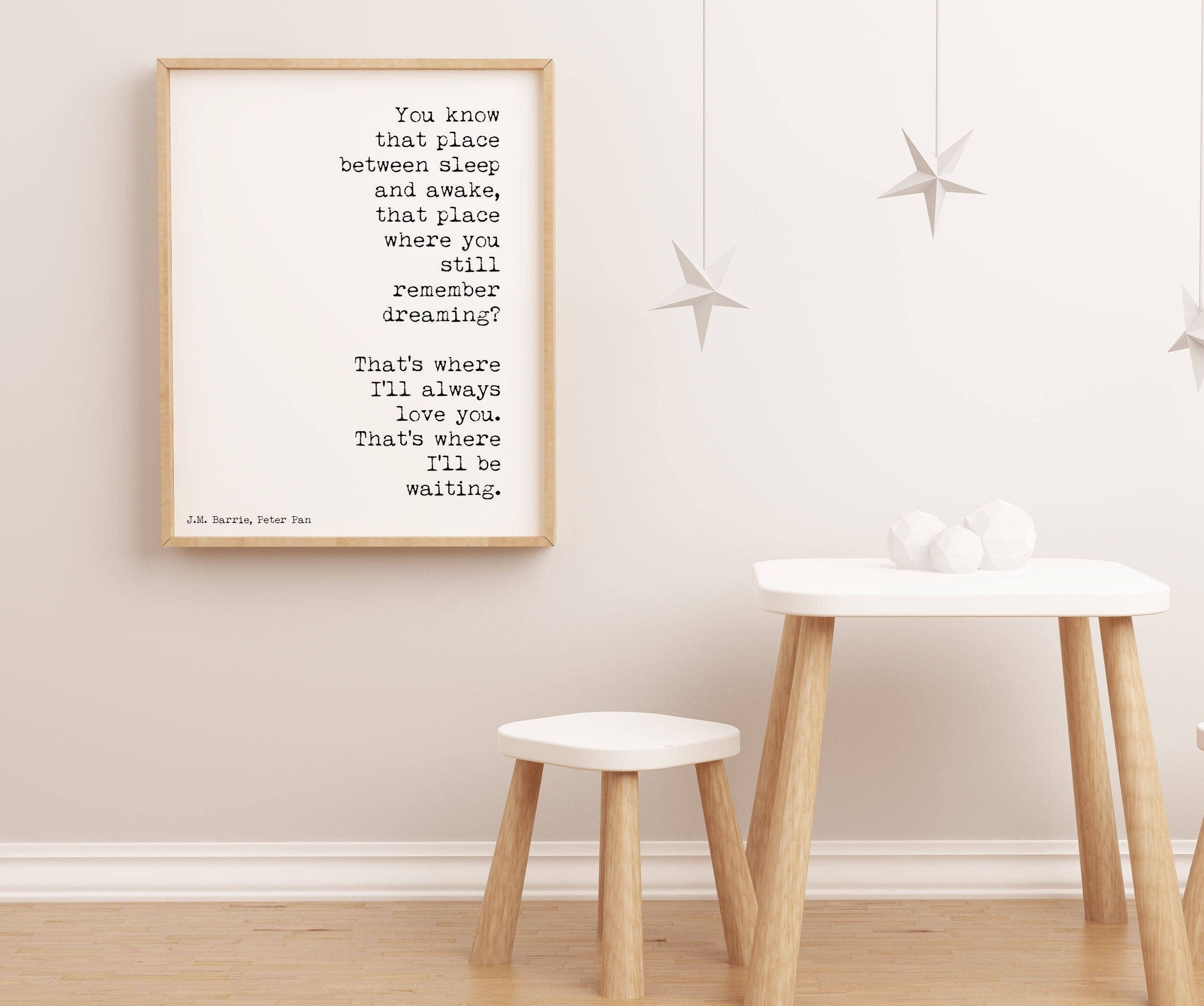 J M Barrie Quote Print Between Sleep And Awake Peter Pan Literary Love Quote Black White Typewriter Style Romantic Gift Nursery Bedroom Art