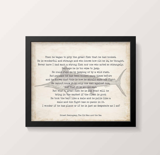 Hemingway Quote Print Old Man and the Sea Fish Illustration