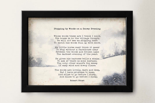 Stopping by Woods on a Snowy Evening Robert Frost Wall Art Print with Watercolour Landscape for Living Room Wall Art, Unframed or Framed