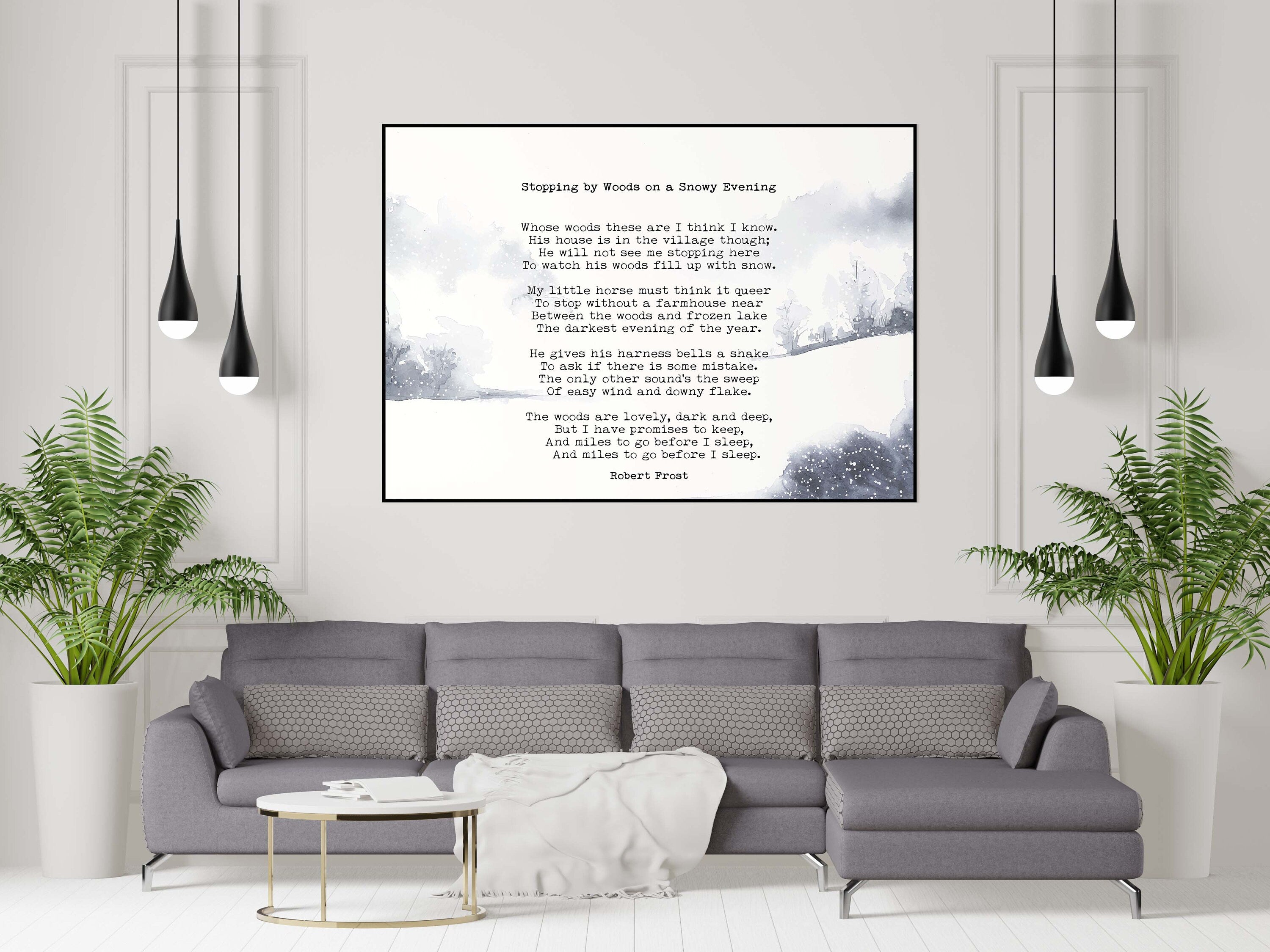 Stopping by the Woods on a Snowy Evening Robert Frost Wall Art Print with Watercolour Landscape for Living Room Wall Art, Unframed or Framed