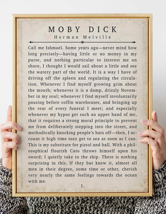 Moby Dick Herman Melville Book Quote Print Vintage Page 1. Unframed and Framed Wall Art