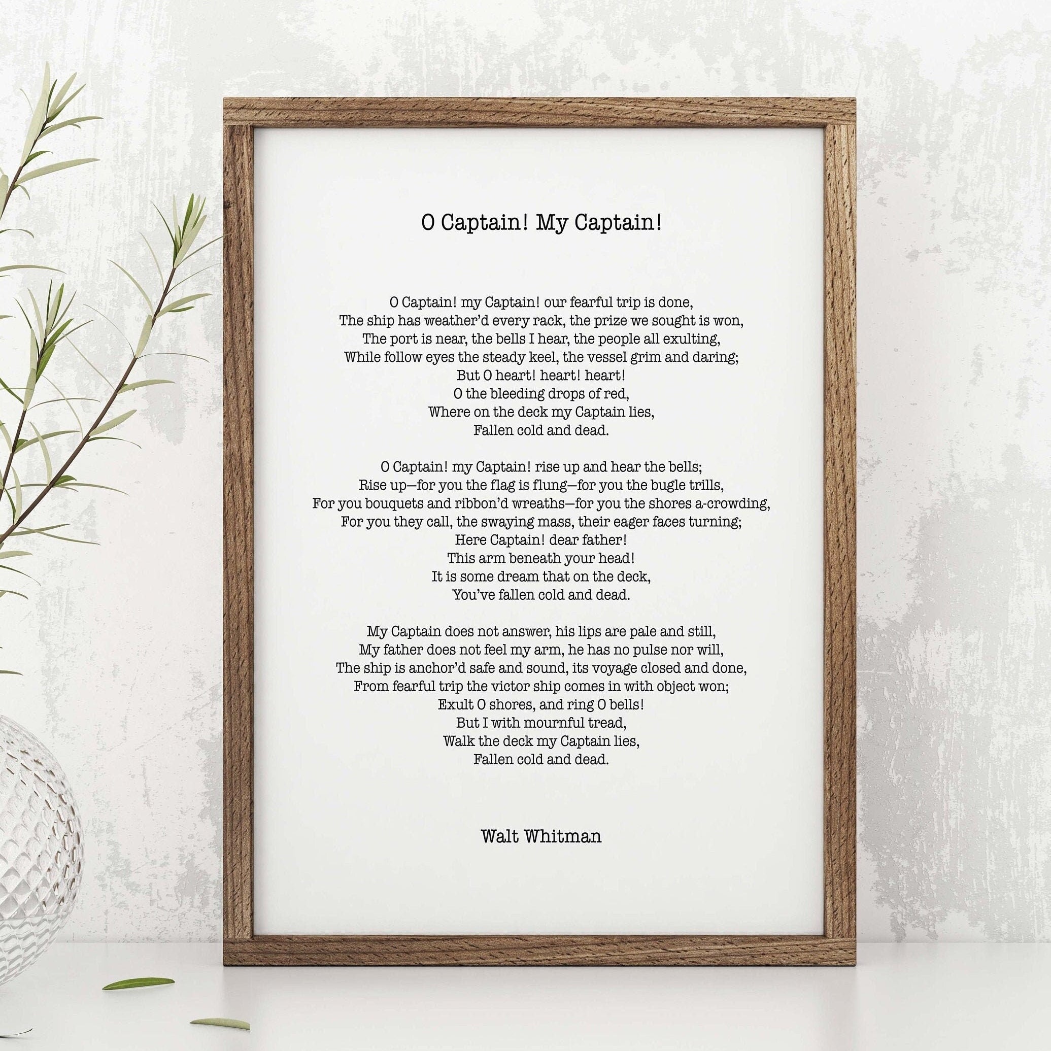 Walt Whitman O Captain Wall Art Print, Leaves Of Grass Literary Quote Print Unframed or Framed Art