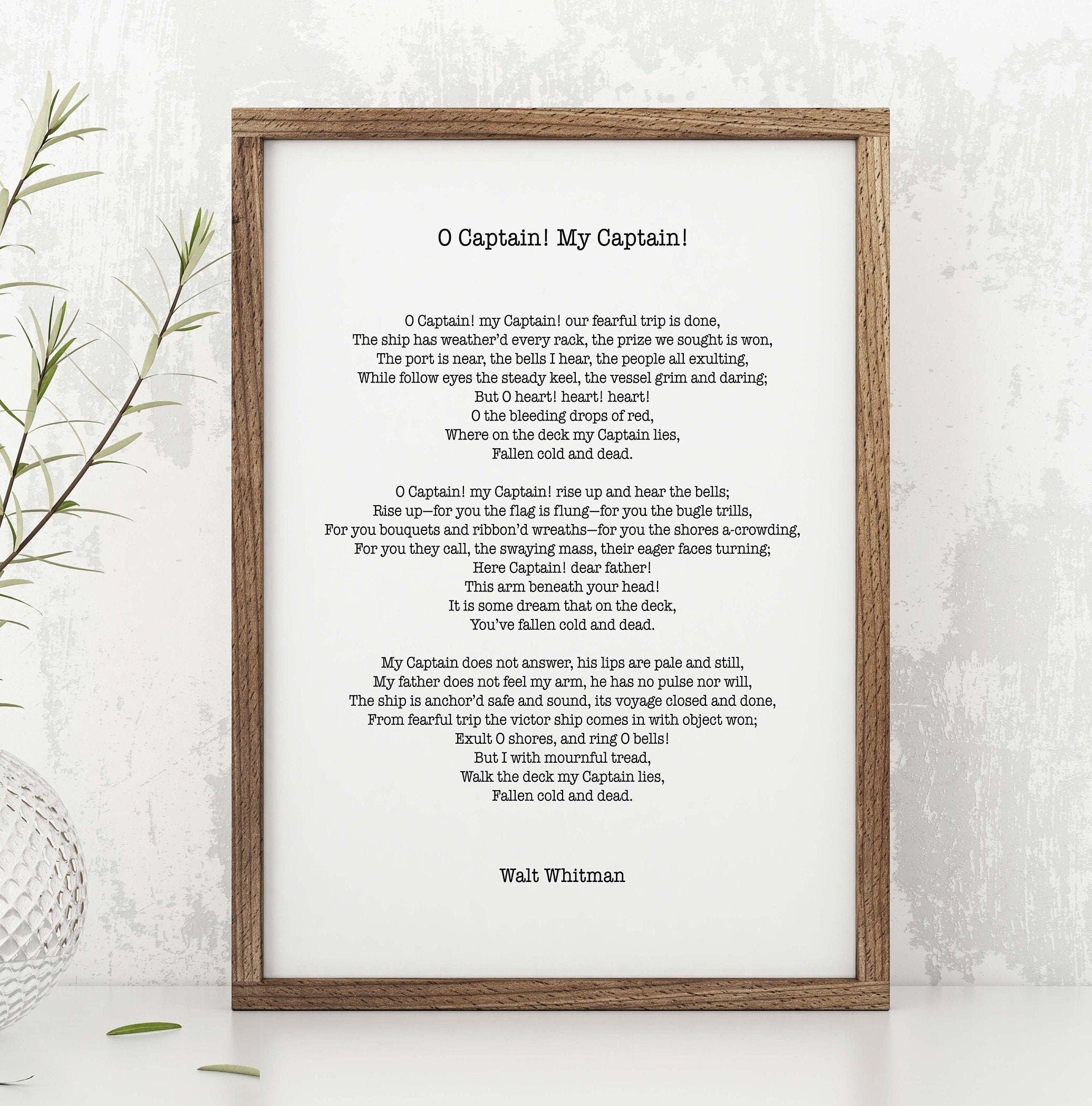 Walt Whitman O Captain Wall Art Print, Leaves Of Grass Literary Quote Print Unframed or Framed Art