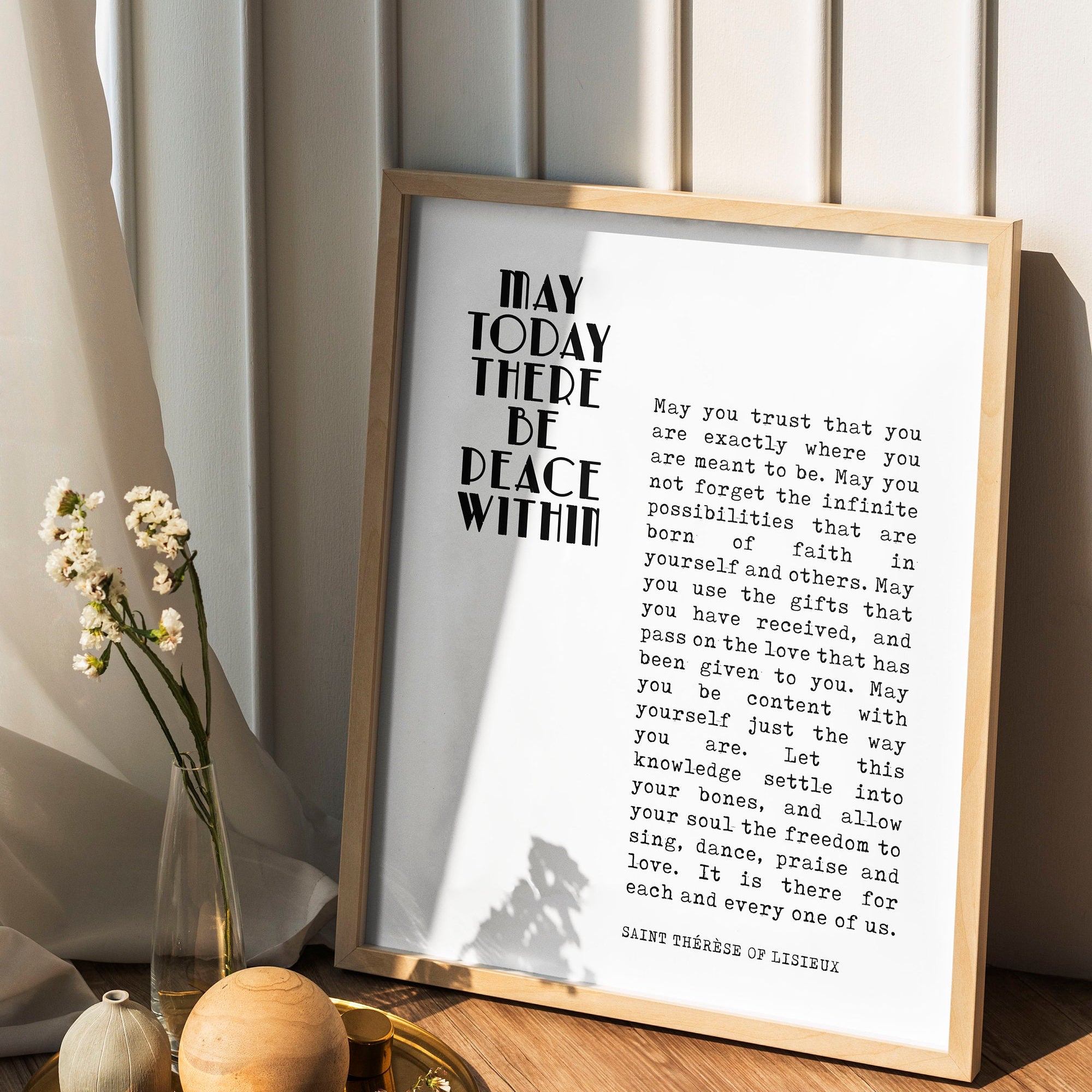 St Therese Of Lisieux Peace Quote Print In Black & White, May Today There Be Peace Within Unframed Inspirational Quote Wall Art Print