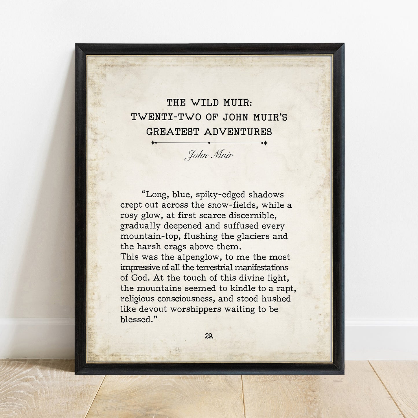 The Wild Muir John Muir adventures vintage book page print in a black frame