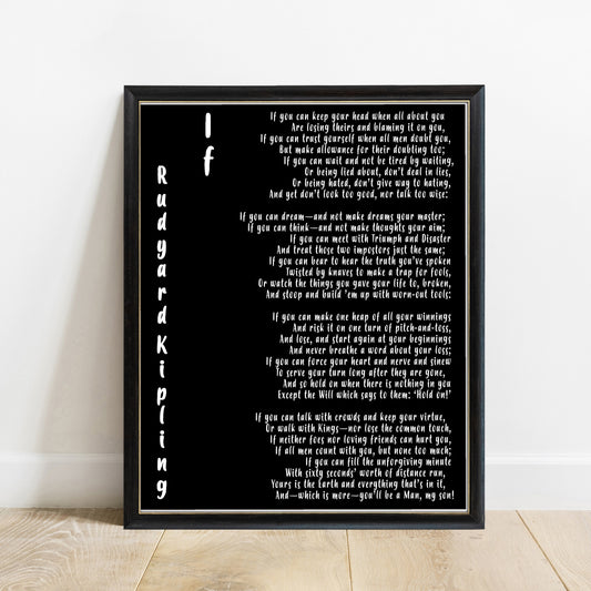 Rudyard Kipling If poem print with RK initials in a black frame, black background