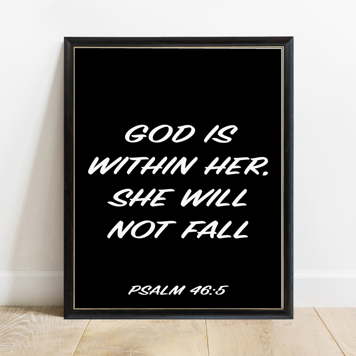 Psalm 46:5 God is within her scripture print in a black frame, black background
