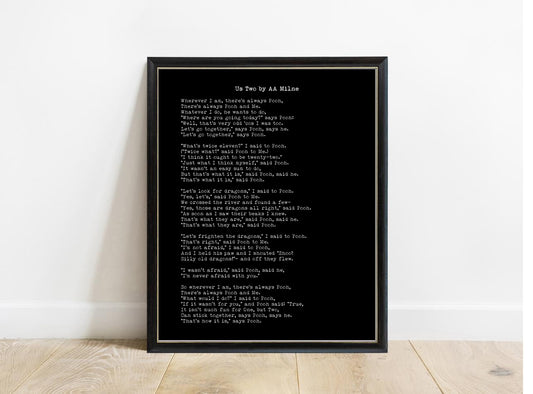 AA Milne Us Two poem print in a black frame, black background