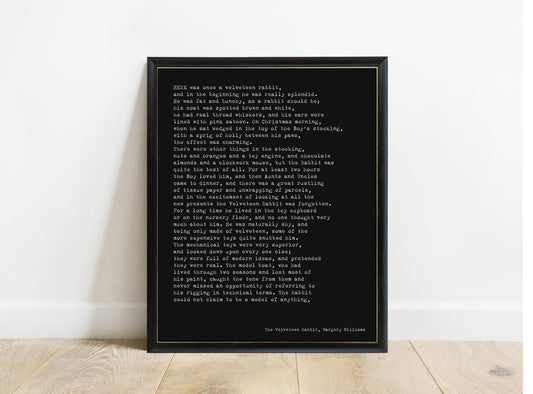 Velveteen Rabbit opening passage print in a black frame, black background