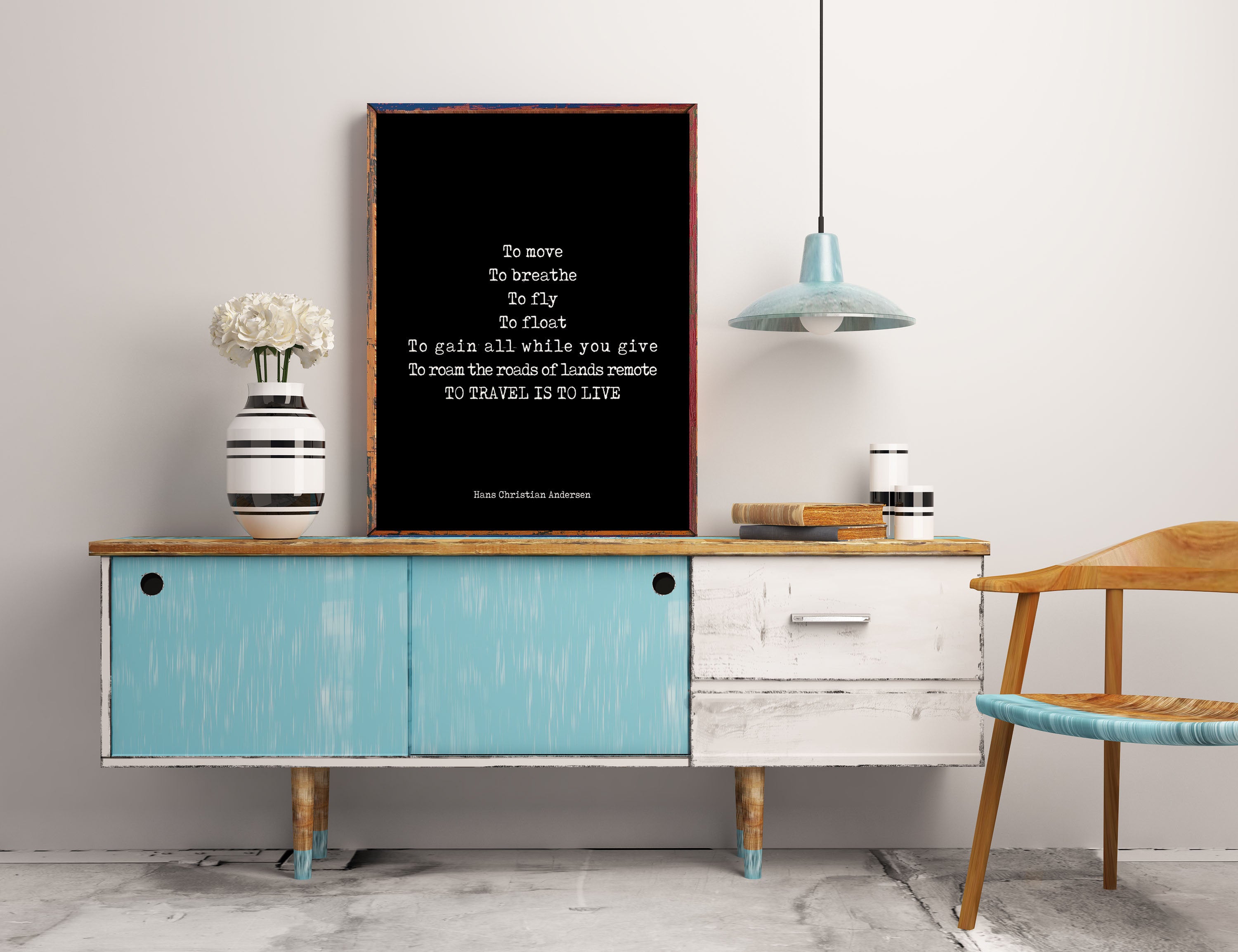 Travel Decor, To Travel Is To Live Inspirational Quote, Hans Christian Anderson Travel Quote Print for Home Decor Black & White Art Unframed - BookQuoteDecor