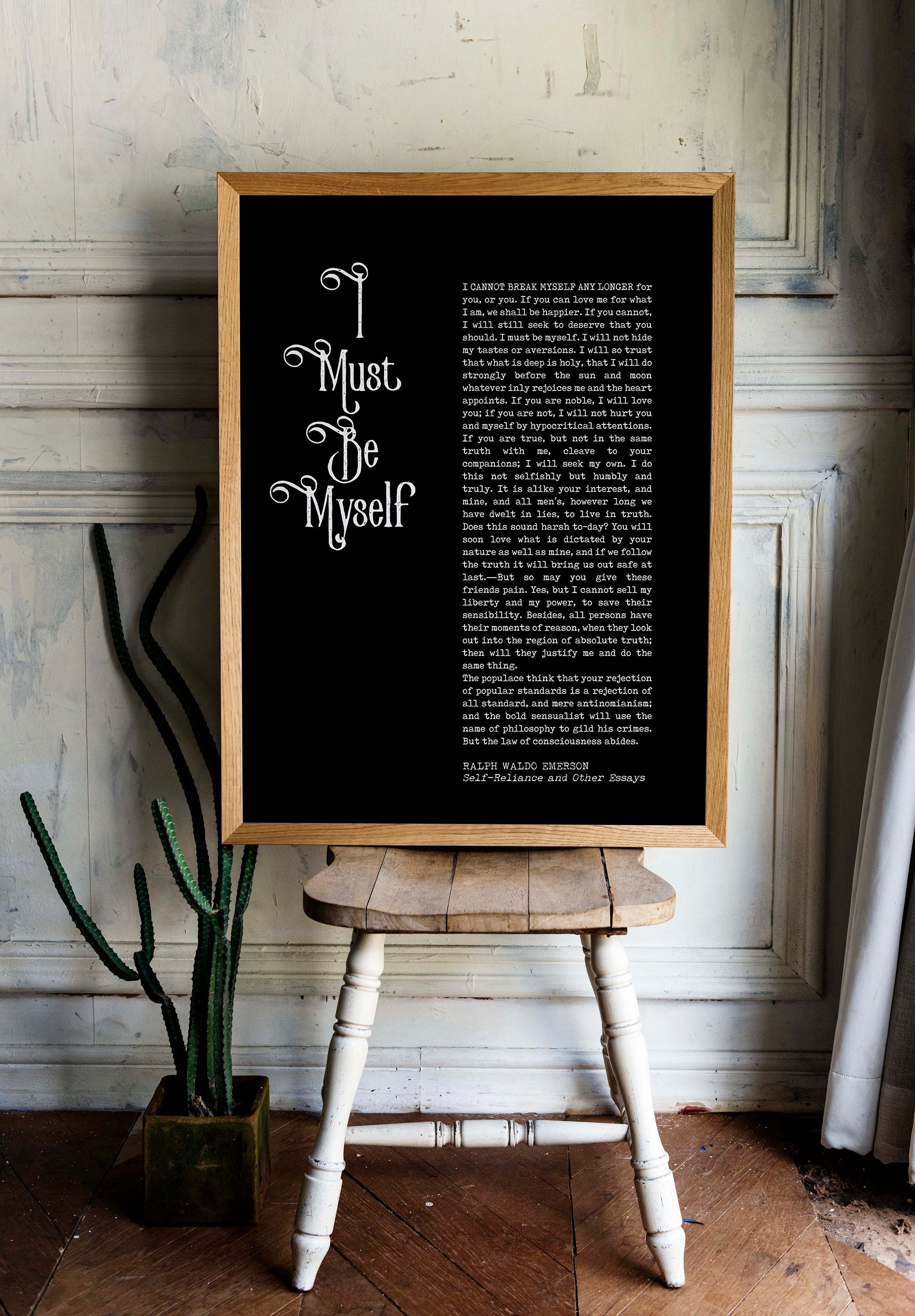 Ralph Waldo Emerson Inspirational Quote Print, I must Be Myself Black & White Wall Art Prints Unframed, Self Reliance and Other Essays - BookQuoteDecor