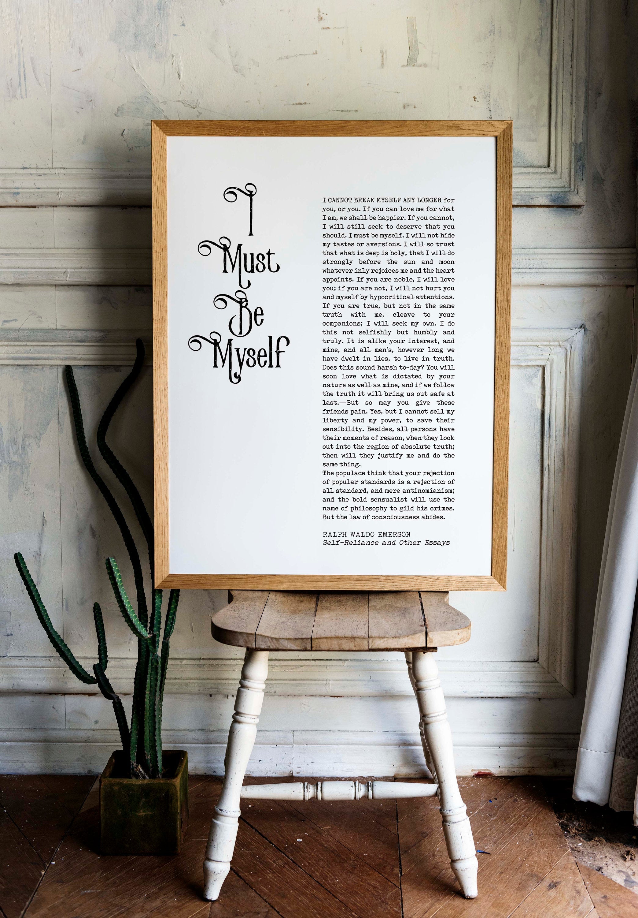 Ralph Waldo Emerson Inspirational Quote Print, I must Be Myself Black & White Wall Art Prints Unframed, Self Reliance and Other Essays - BookQuoteDecor